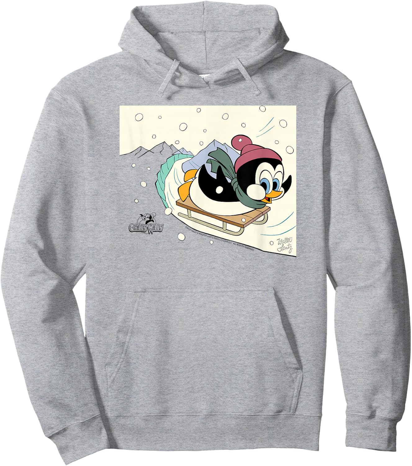 Chilly Willy the Penguin Sledding Holiday Hoodie - Hoodie | Ash