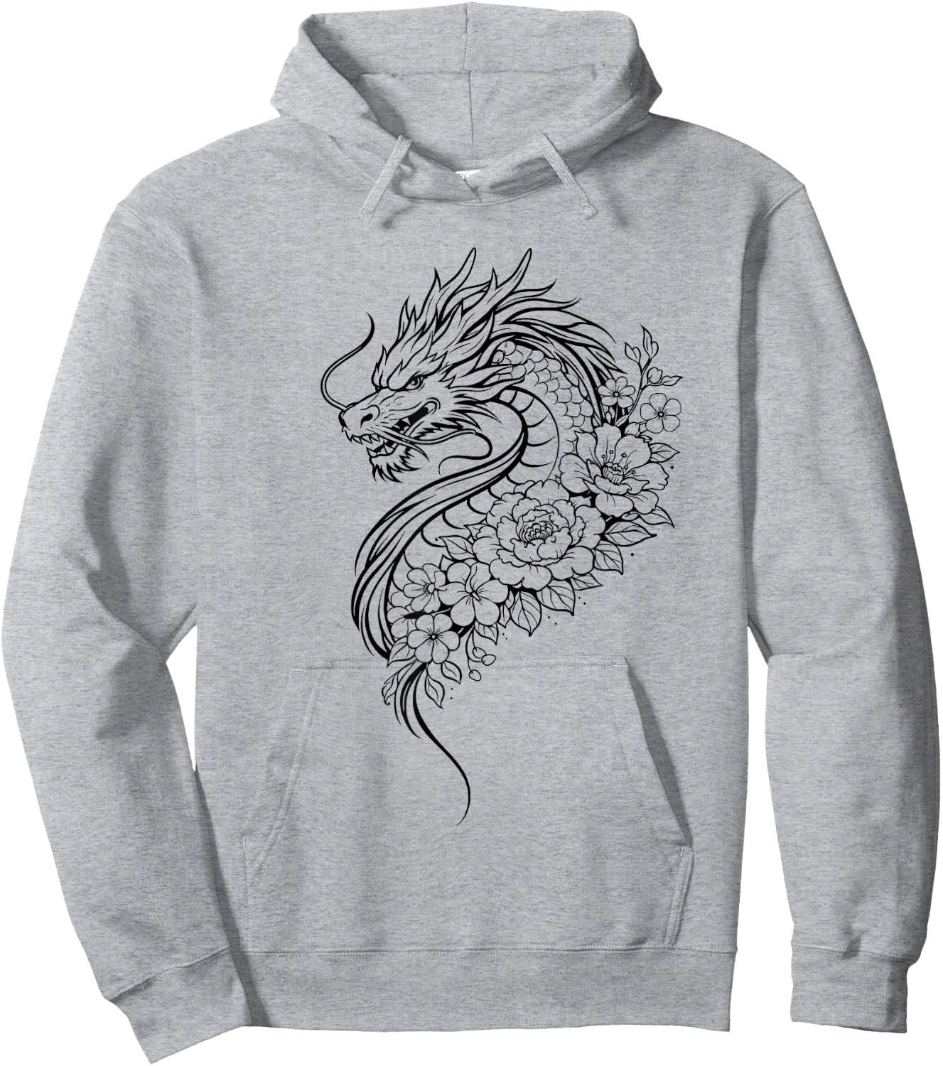 Dragon Flowers Line Art Minimalist Splash Hoodie - Hoodie | Ash
