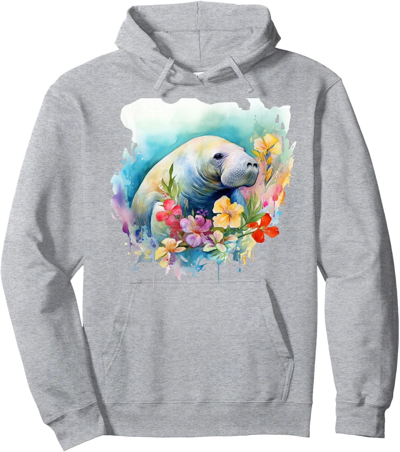 Manatee Floral Watercolor Painting Hoodie - Hoodie | Ash