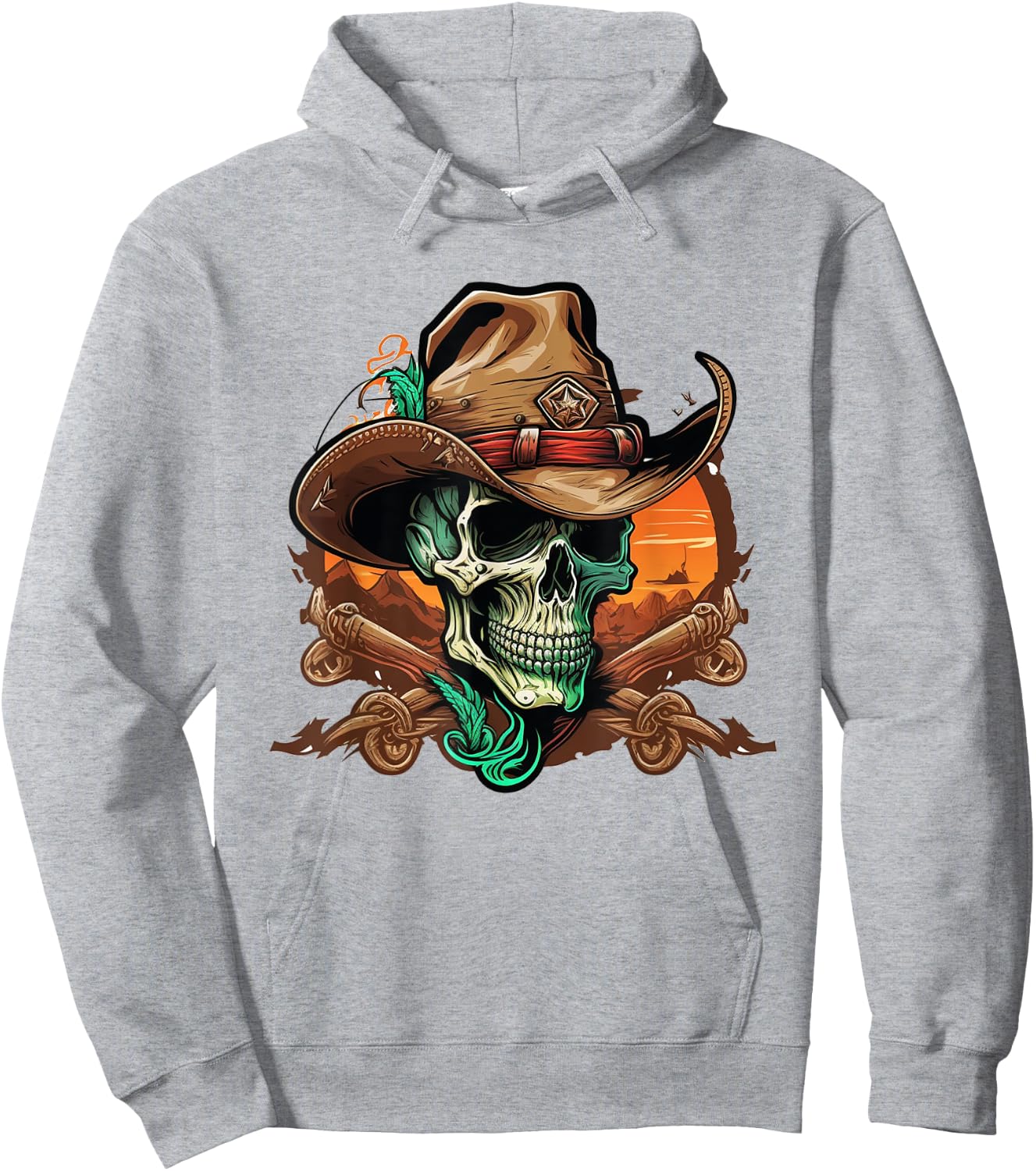 Skull Wearing Cowboy Hat Skeleton Hoodie - Hoodie | Ash