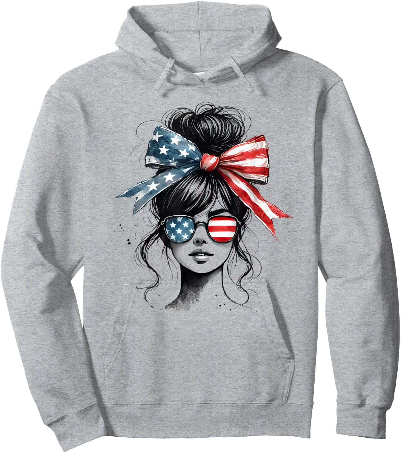 Messy Bun Girl Wearing Sunglasses American Flag Hoodie - Hoodie | Ash