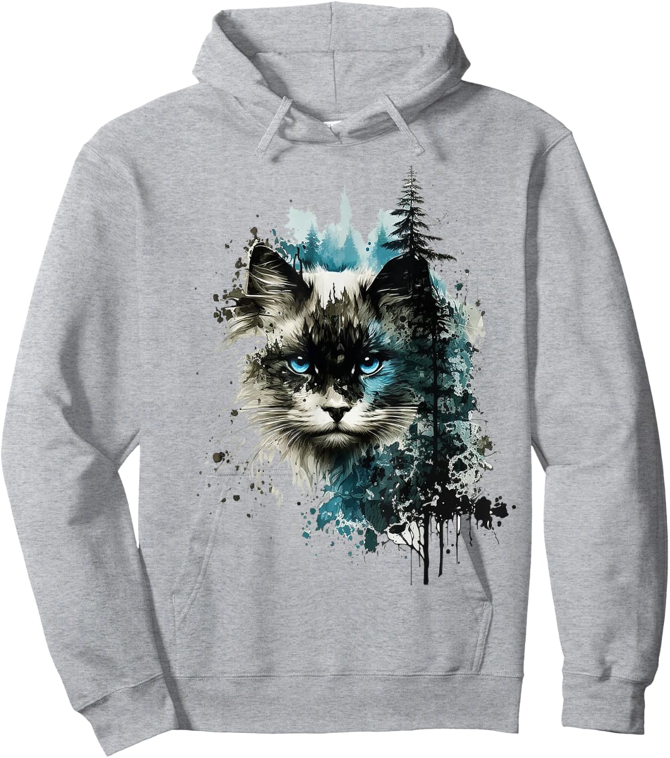 Cat Blue Eyes Cat Pattern Art Forest Animal Cat Hoodie - Hoodie | Ash
