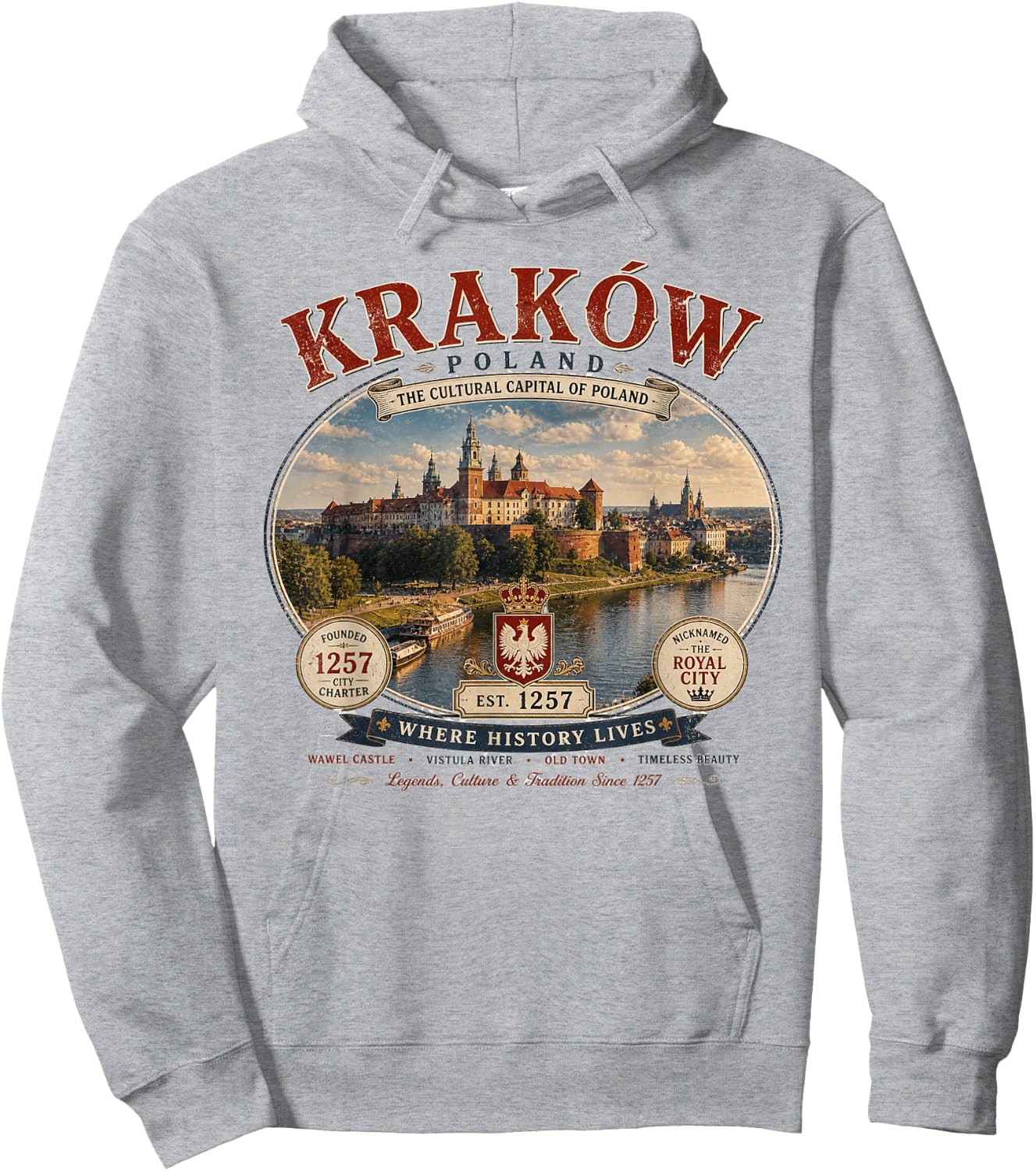 Krakow Poland Since 1257 Vintage Logo Hoodie - Hoodie | Ash