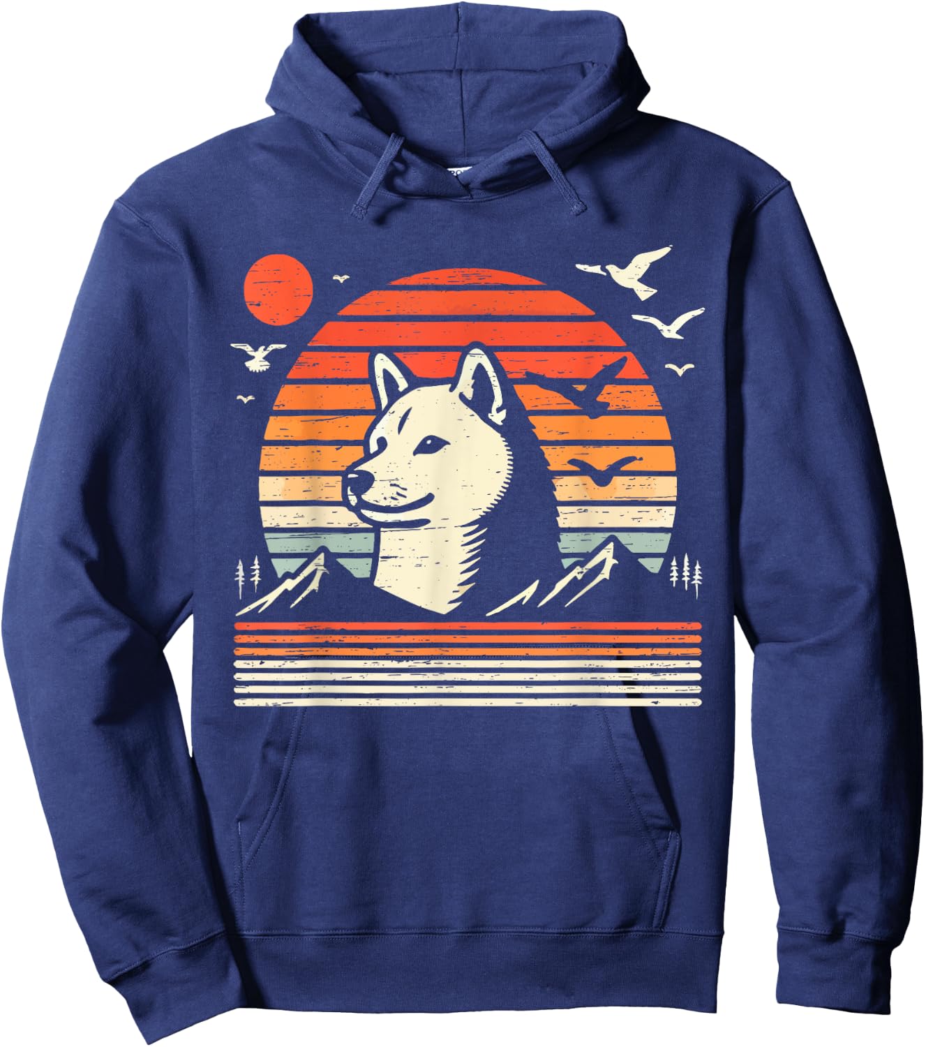 Vintage Shiba Inu Sunset Mountains Birds Hoodie - Hoodie | Navy