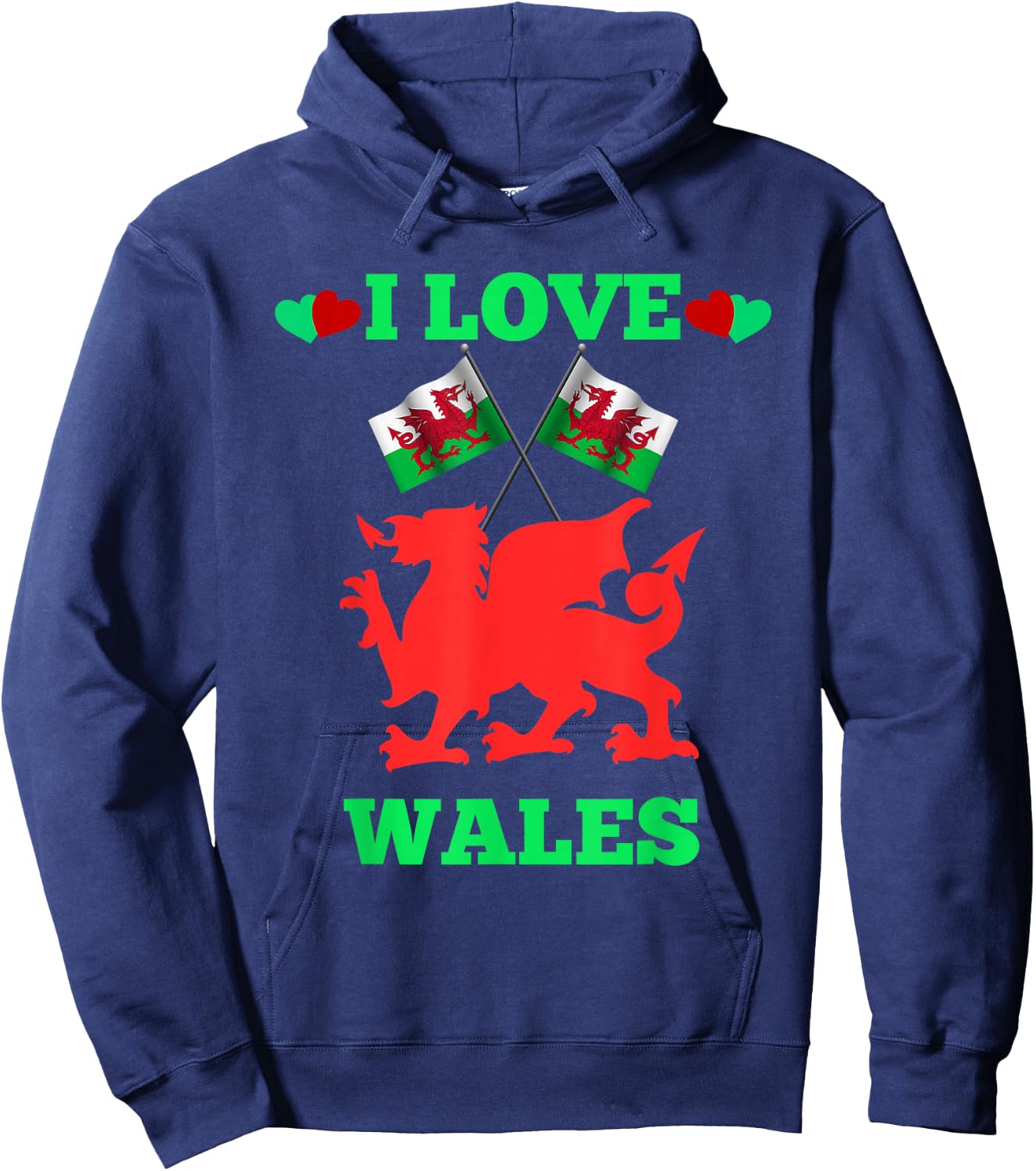 I Love Wales Flags Dragon Hearts Hoodie - Hoodie | Navy