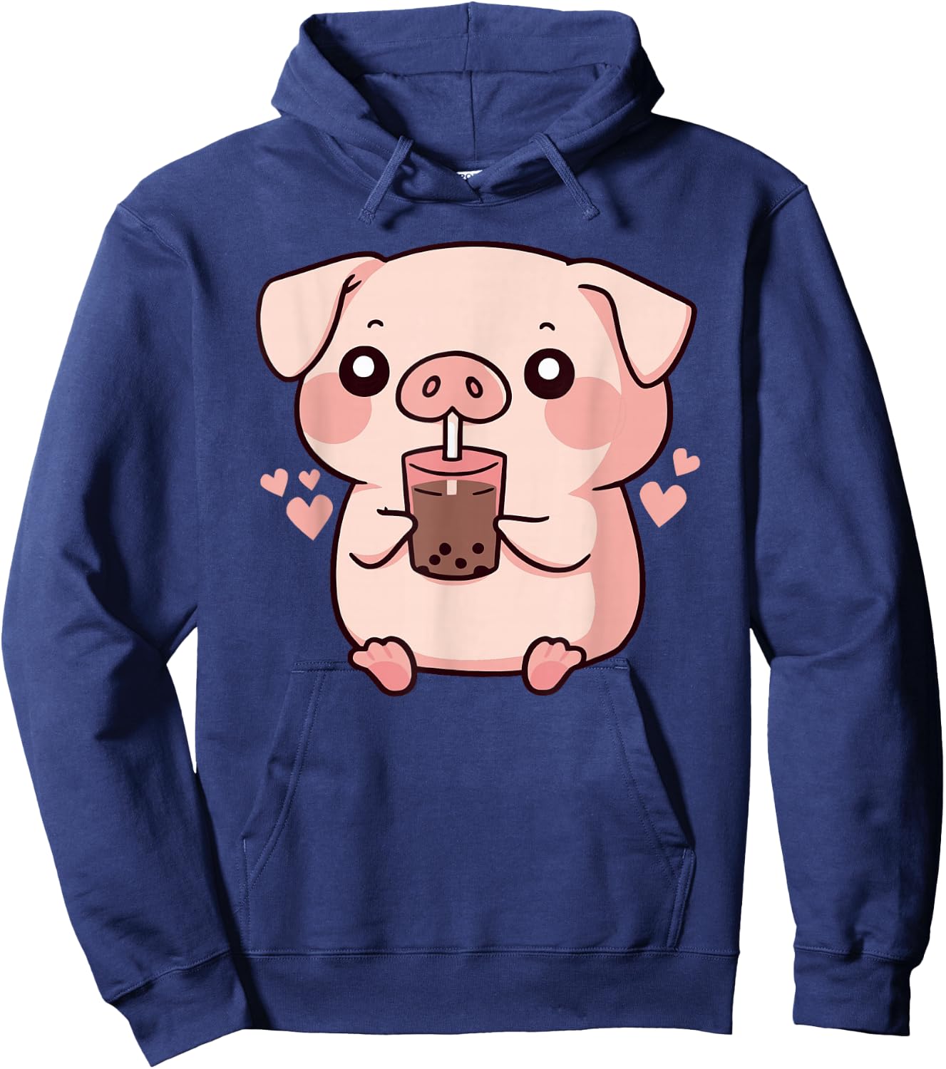 Cute kawaii cartoon pig drinking bubble tea Hoodie - Hoodie | Navy