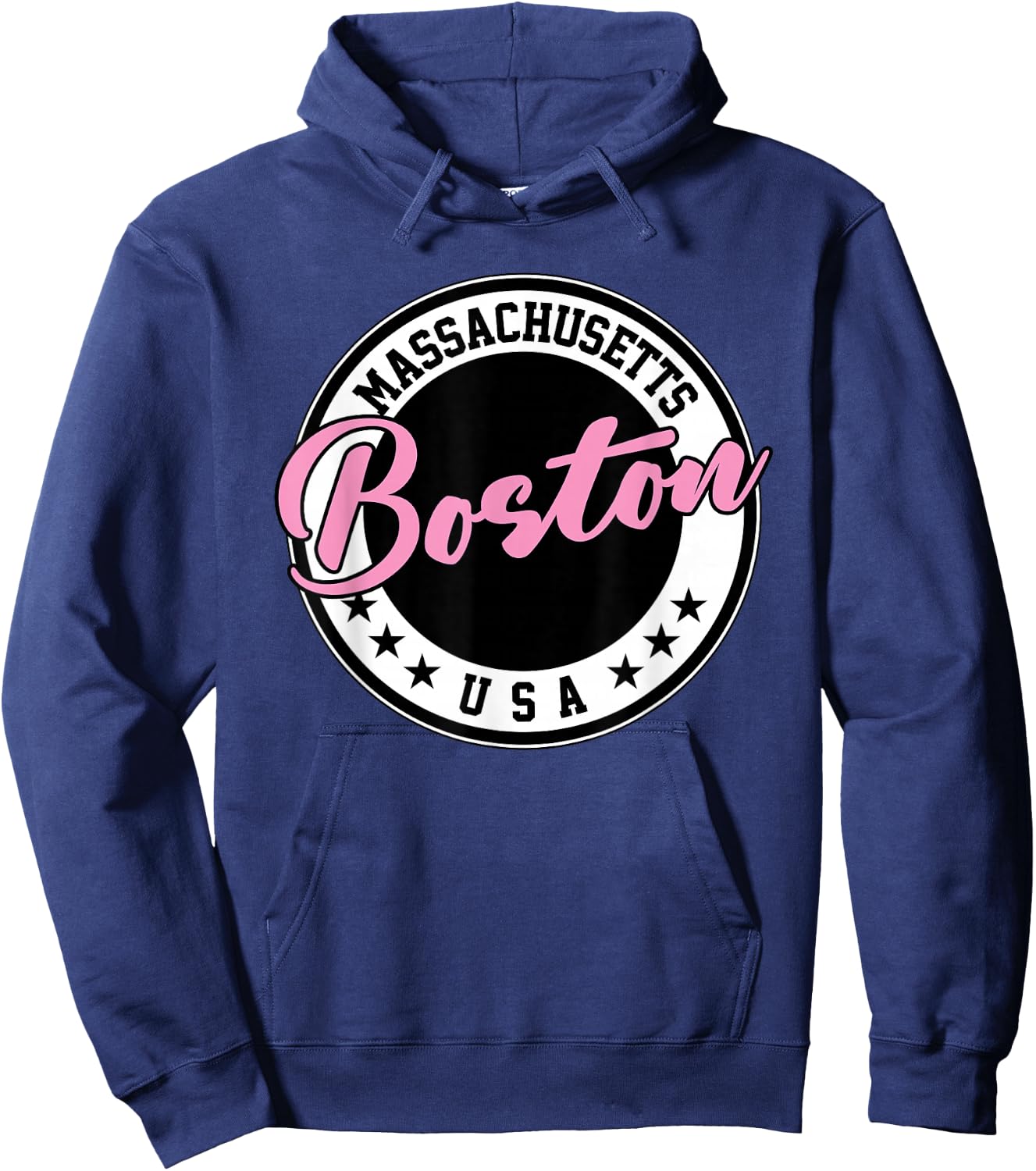 Boston Massachusetts Script Circle Pink Text Hoodie - Hoodie | Navy