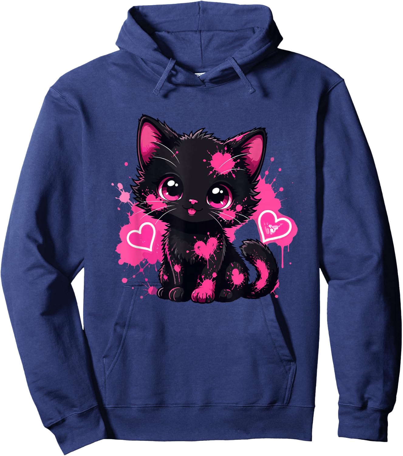 Kawaii Black Kitten Pink Paint Heart Lover Hoodie - Hoodie | Navy