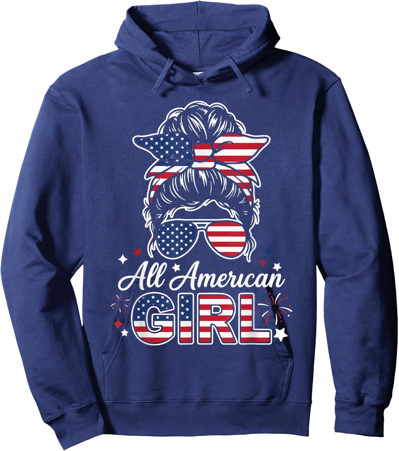 All American Girl Messy Bun USA Patriotic Style Hoodie - Hoodie | Navy