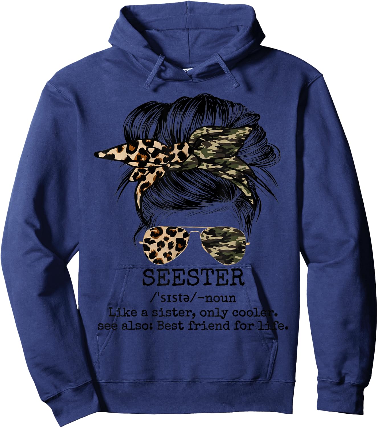 Seester Definition Messy Bun Camo Cheetah Hoodie - Hoodie | Navy