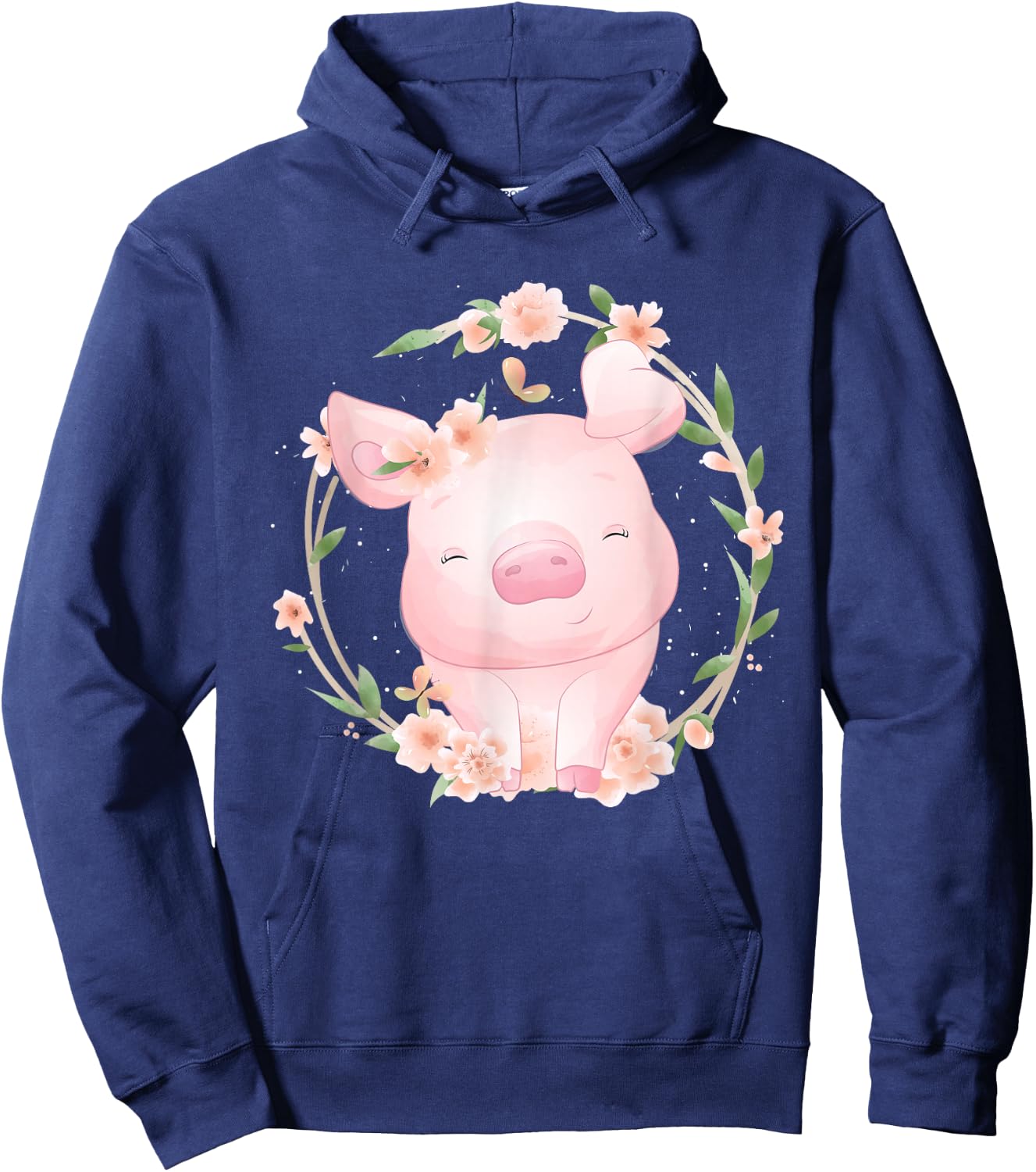 Cute Grinning Pig with Flowers Watercolour Hoodie - Hoodie | Navy
