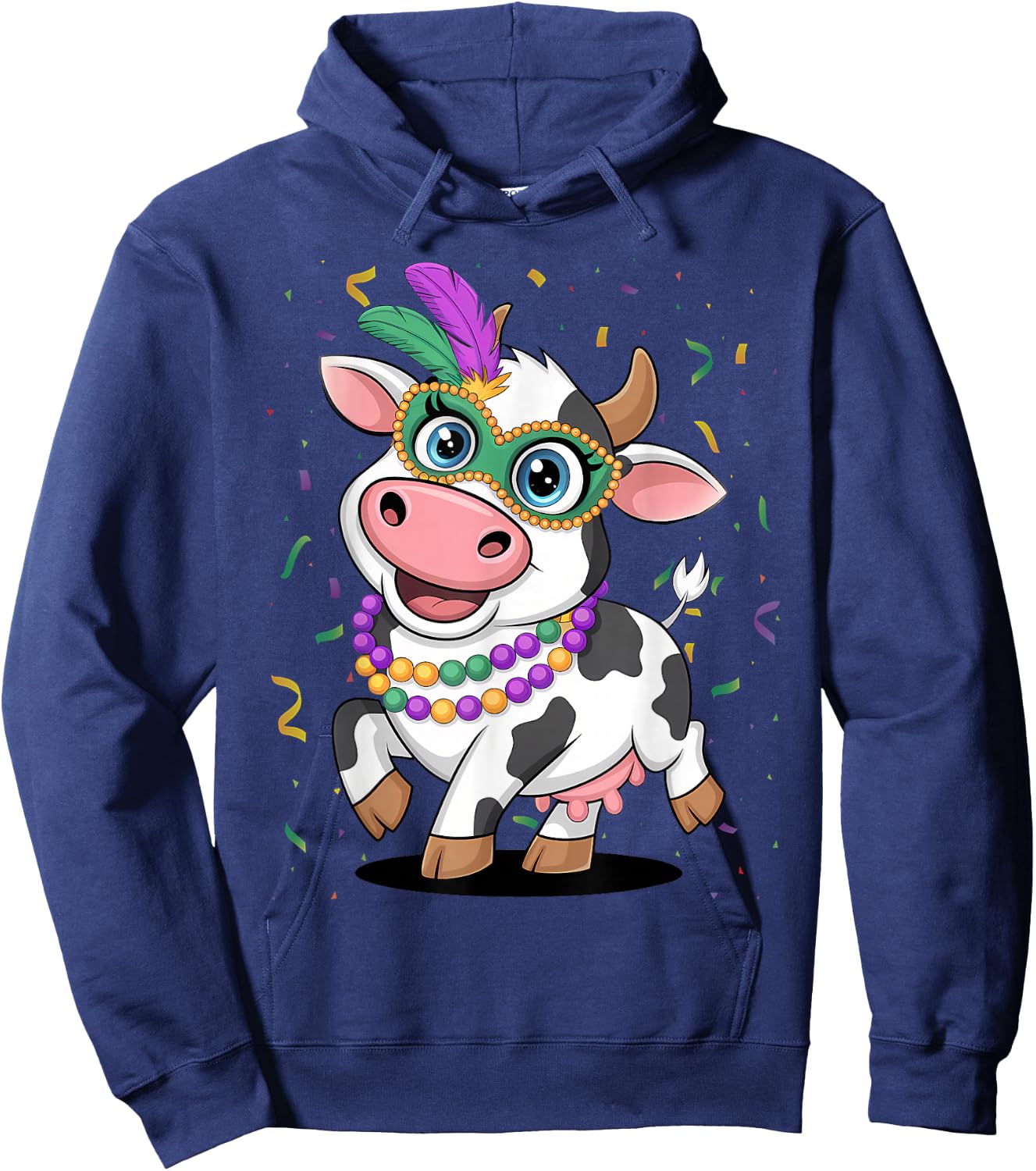 Mardi Gras Cow Wearing Mardi Gras Costume Beads Hoodie - Hoodie | Navy