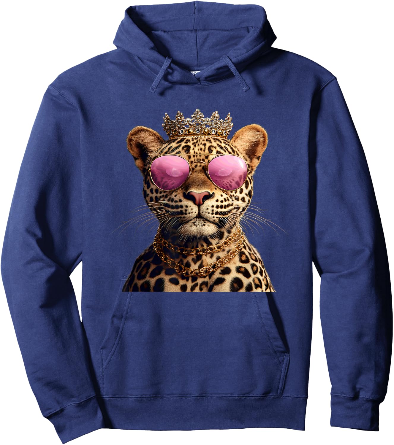 Crowned Leopard With Sunglasses And Chains Hoodie - Hoodie | Navy