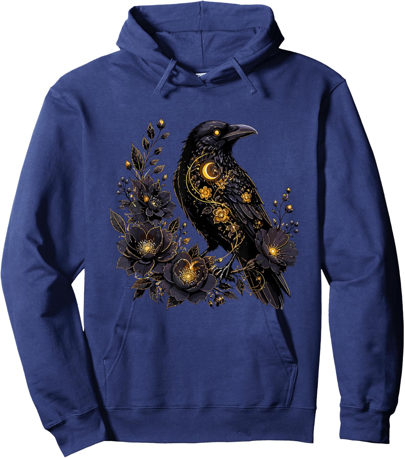 Celestial Raven with Moon and Dark Flowers Hoodie - Hoodie | Navy