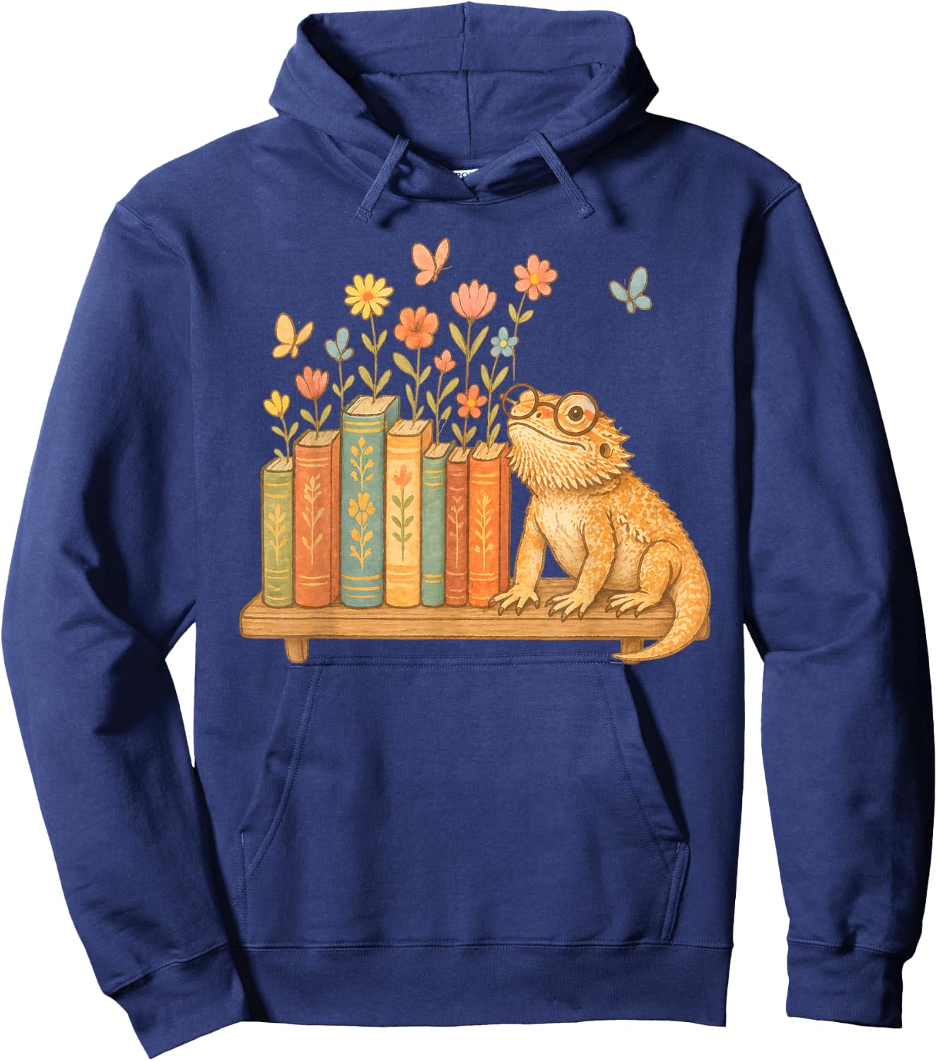 Cute Kawaii Bearded Dragon Books Flowers Hoodie - Hoodie | Navy