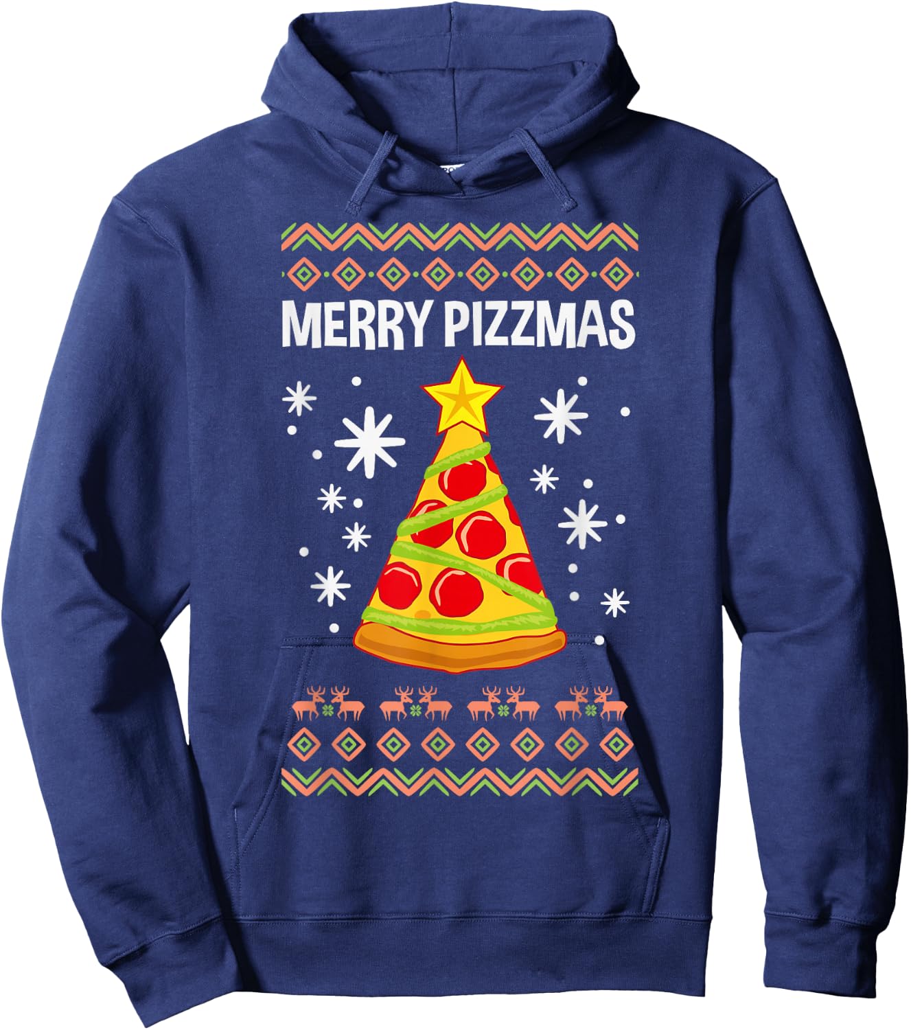 Funny Christmas Pizza Merry Pizzmas Ugly Xmas Hoodie - Hoodie | Navy