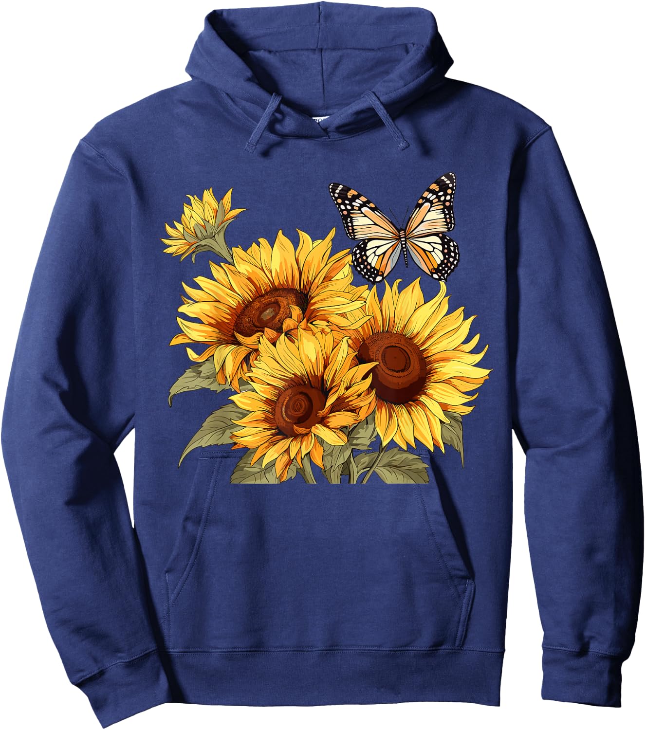Sunflower and Butterfly , White Hoodie - Hoodie | Navy