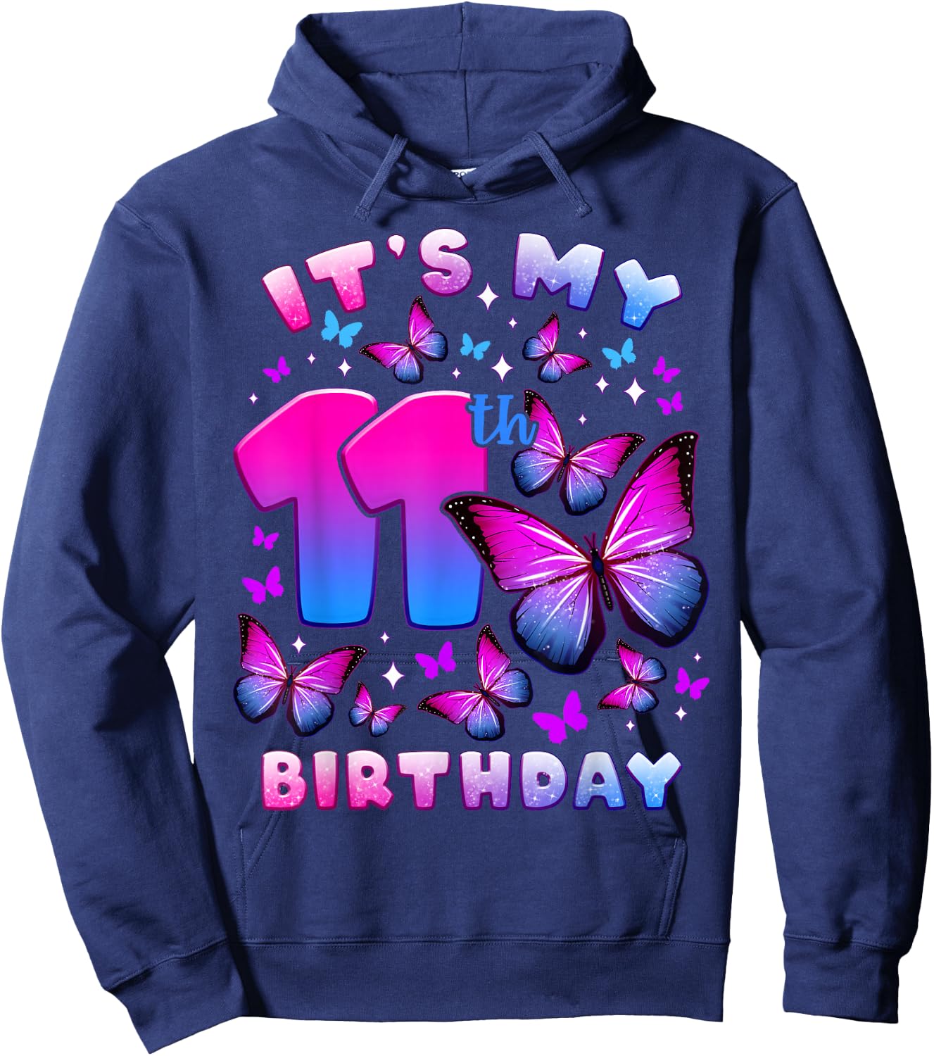 Birthday Girl 11 Year Old, Butterfly, Number 11 Hoodie - Hoodie | Navy