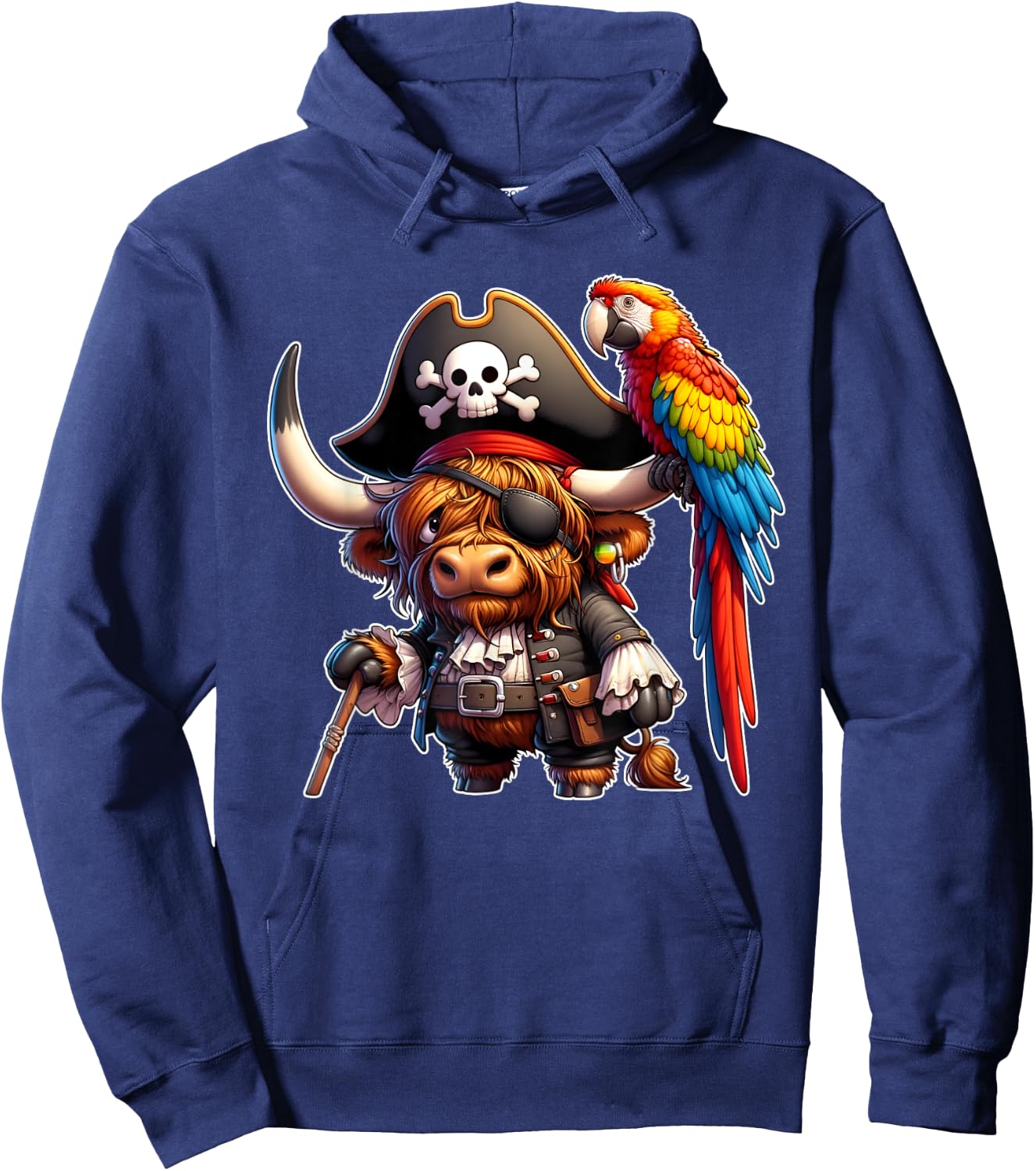 Pirate Highland Cow with Colorful Parrot Hoodie - Hoodie | Navy