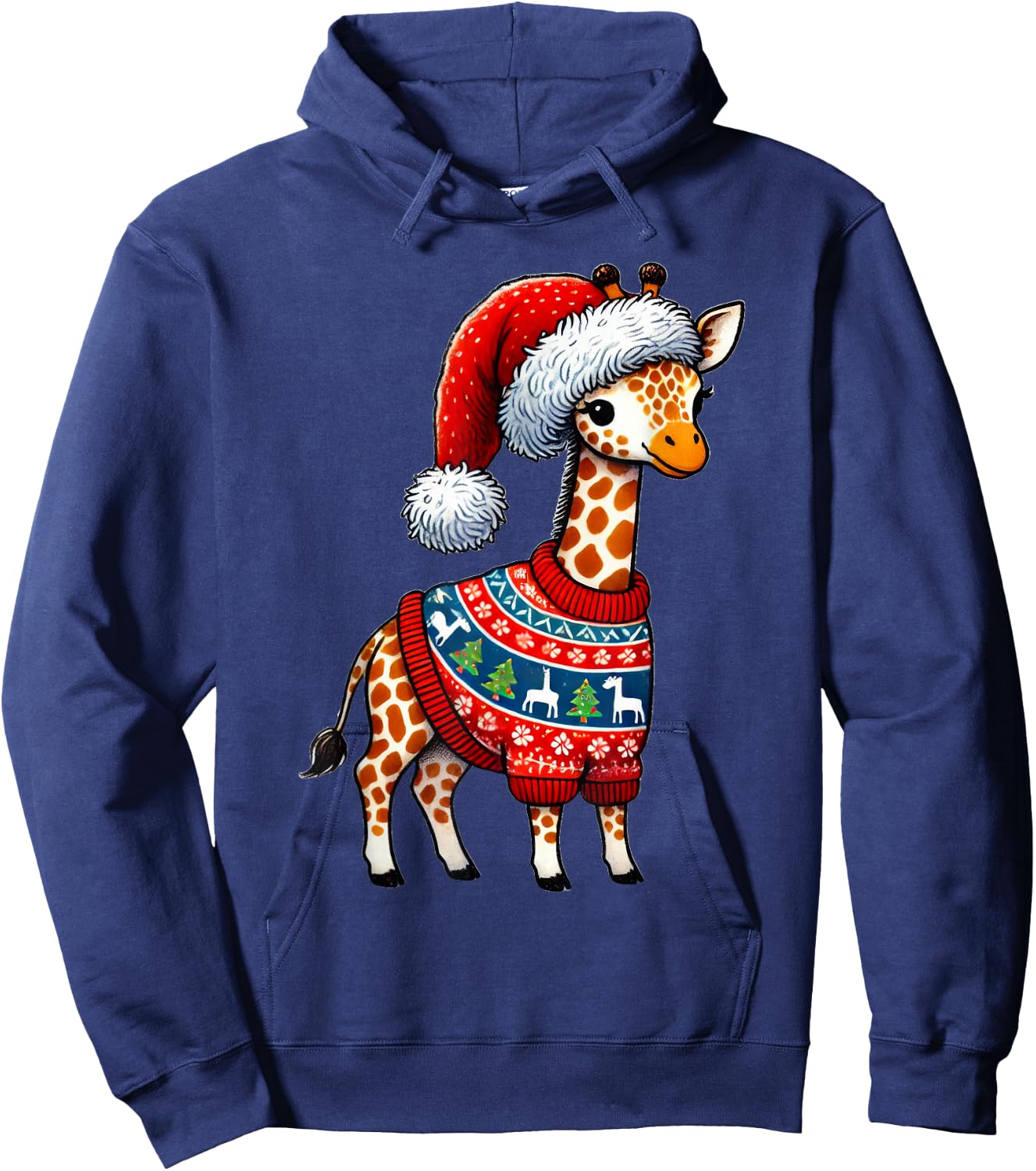 Giraffe Ugly Sweater Santa Hat Christmas Hoodie - Hoodie | Navy