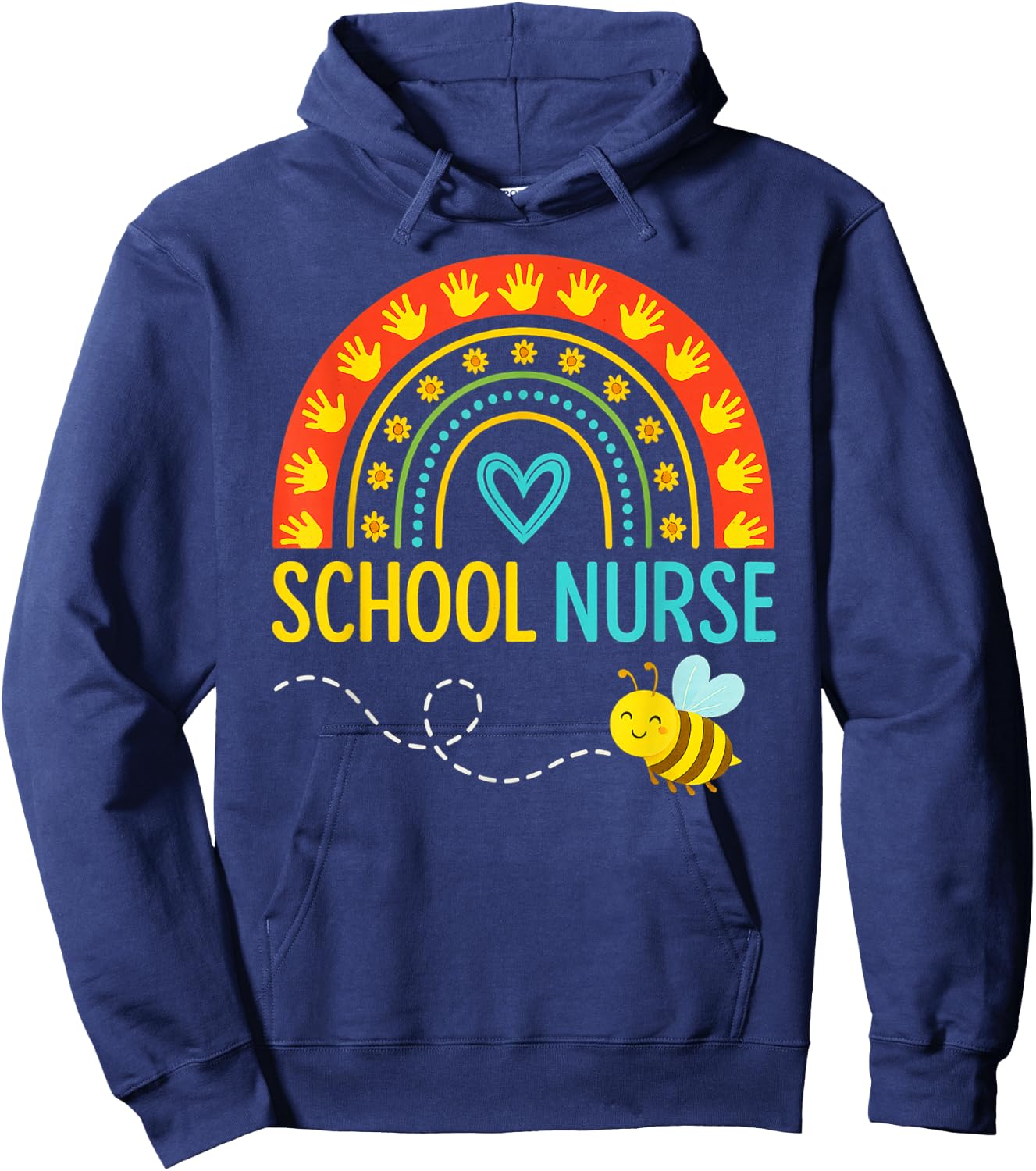 School Nurse Bee Rainbow Handprint Art Hoodie - Hoodie | Navy