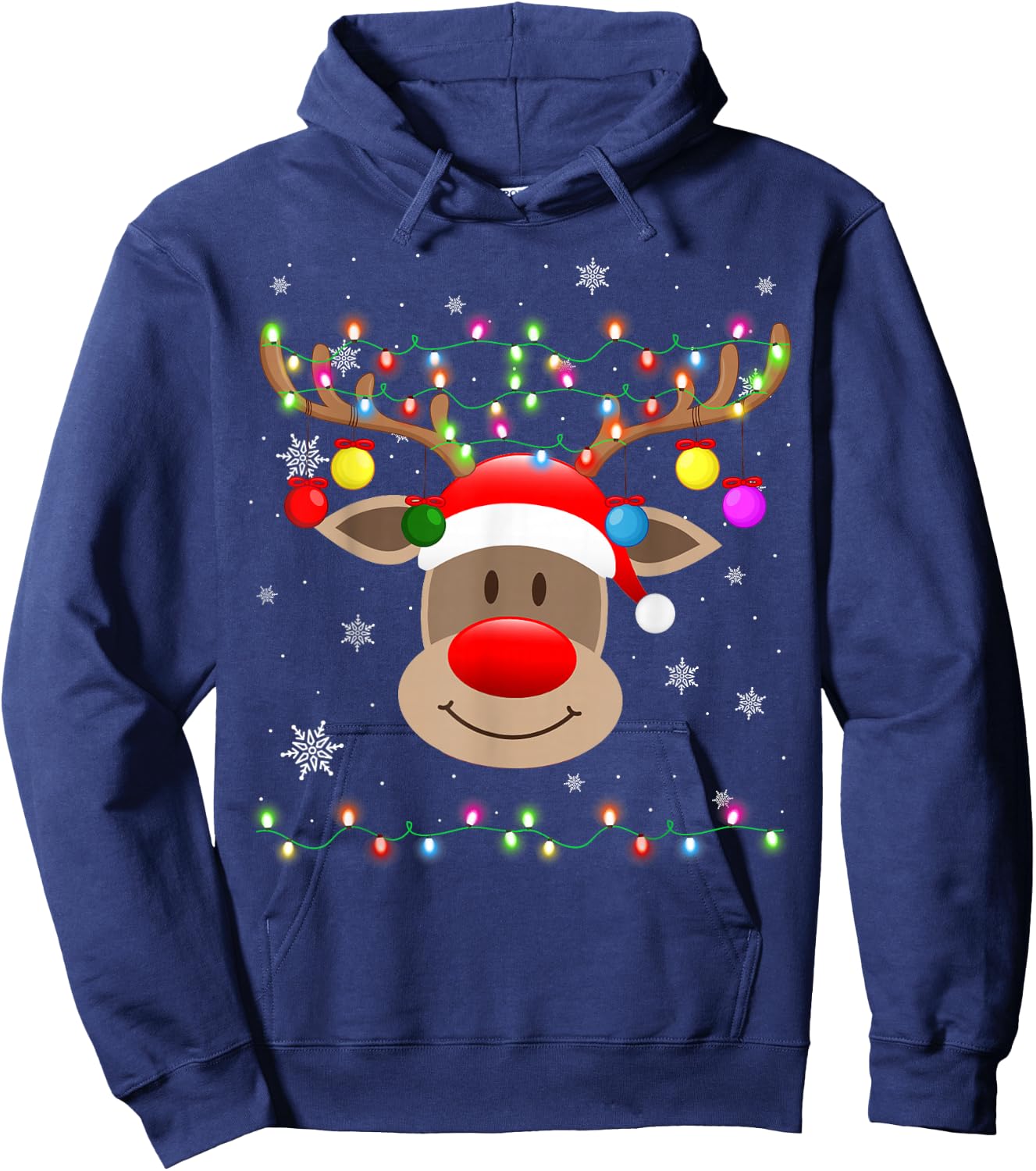 Red Nose Reindeer Snowflakes Chirstmas Lights Hoodie - Hoodie | Navy