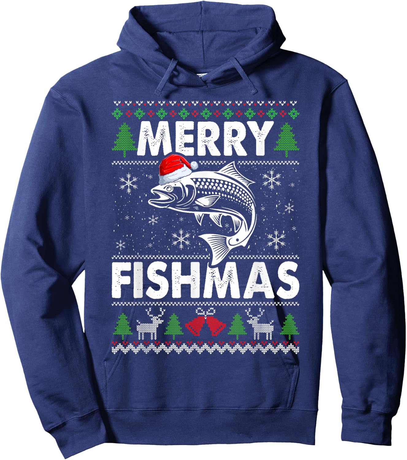 Merry Fishmas Fisherman Fishing Ugly Christmas Hoodie - Hoodie | Navy
