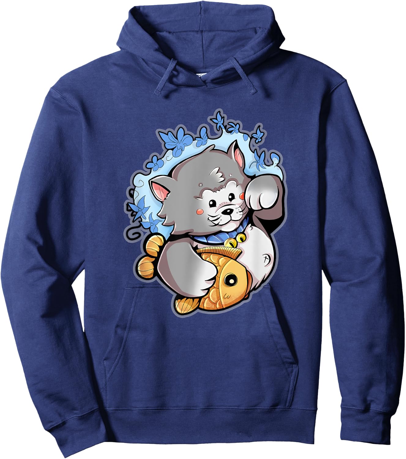 Lucky Gray Maneki-Neko Cat with a Taiyaki Hoodie - Hoodie | Navy