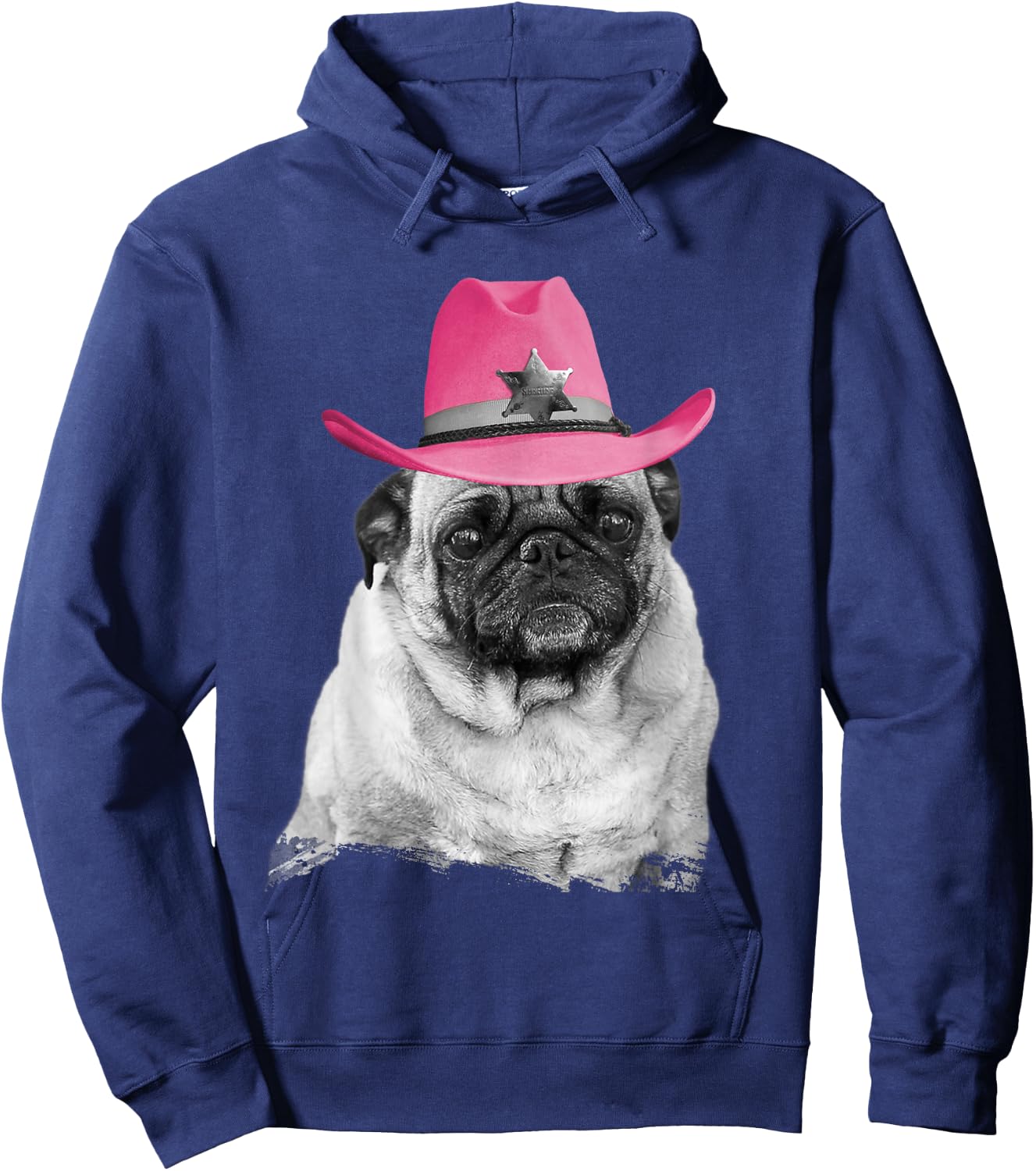 Dog Pug Wearing Pink Cowboy Hat Cowgirl Hoodie - Hoodie | Navy