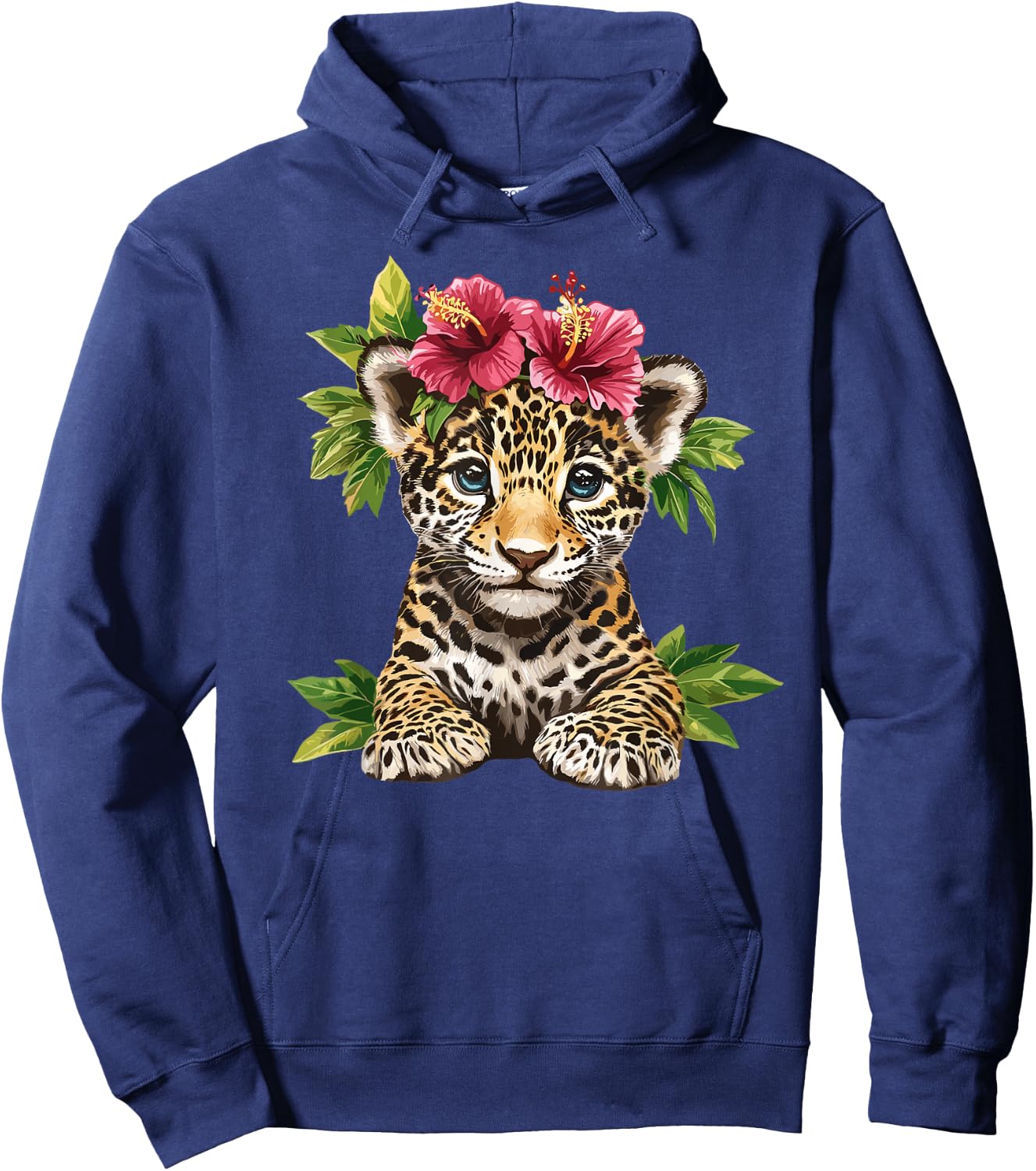 Leopard Cub with Hibiscus and Leaves Hoodie - Hoodie | Navy