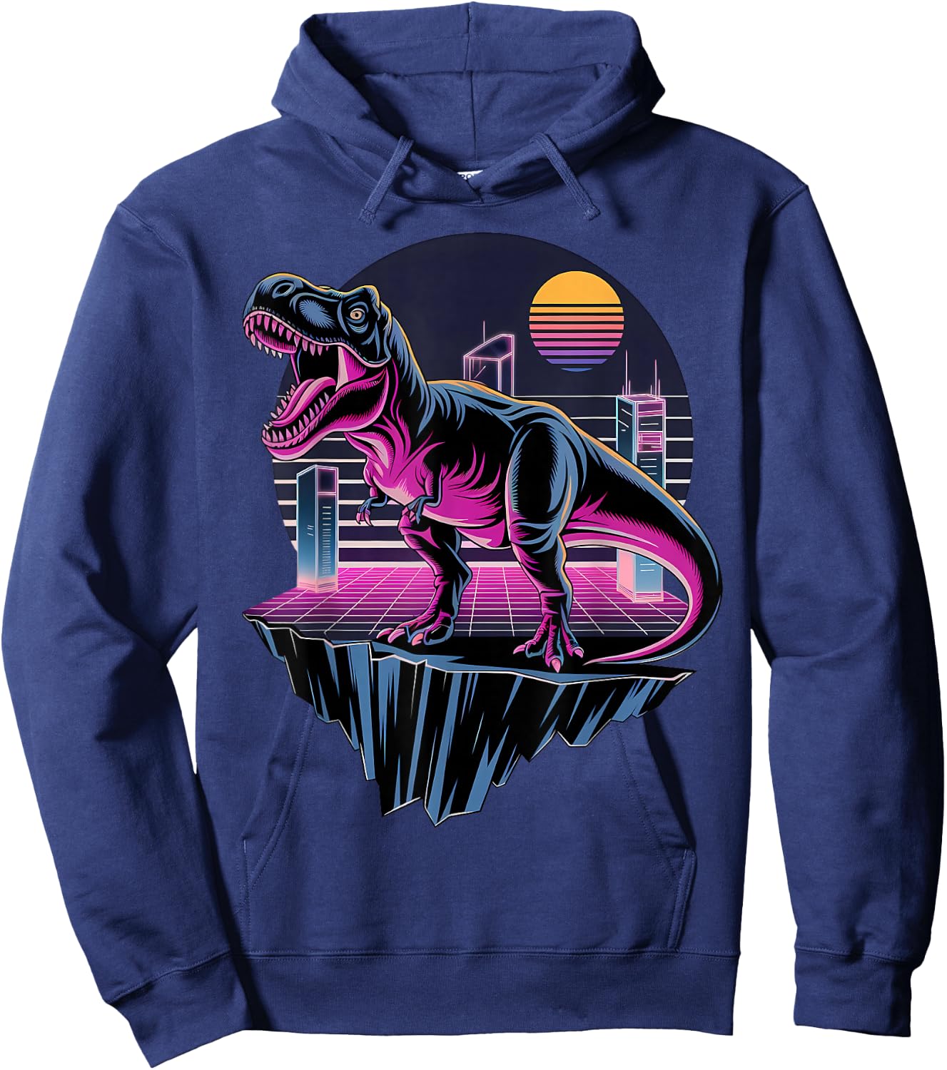 Electric Retro T-Rex Neon Dinosaur Aesthetic Hoodie - Hoodie | Navy
