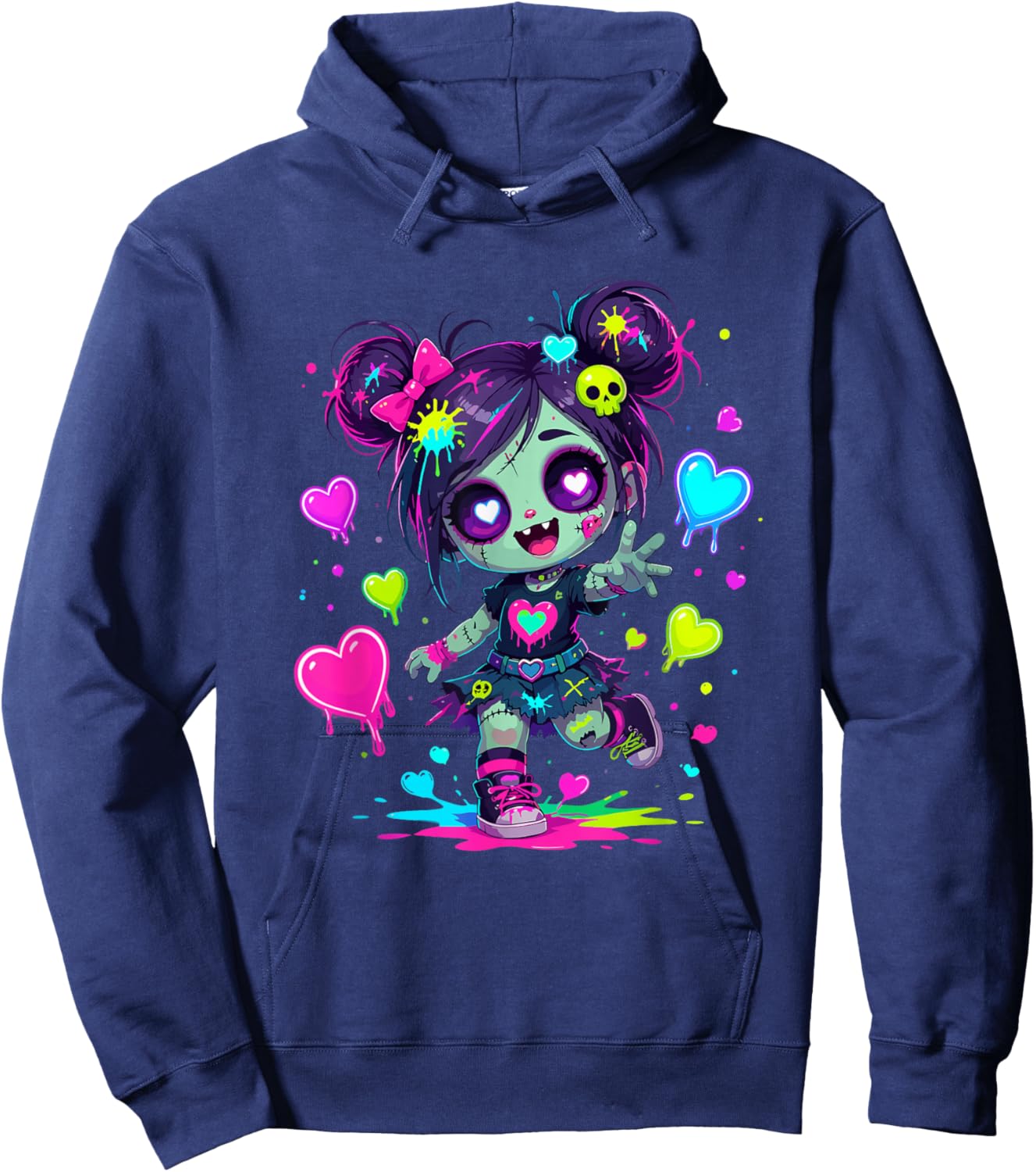 Cute Creepy Kawaii Zombie Girl Pastel Hearts Hoodie - Hoodie | Navy