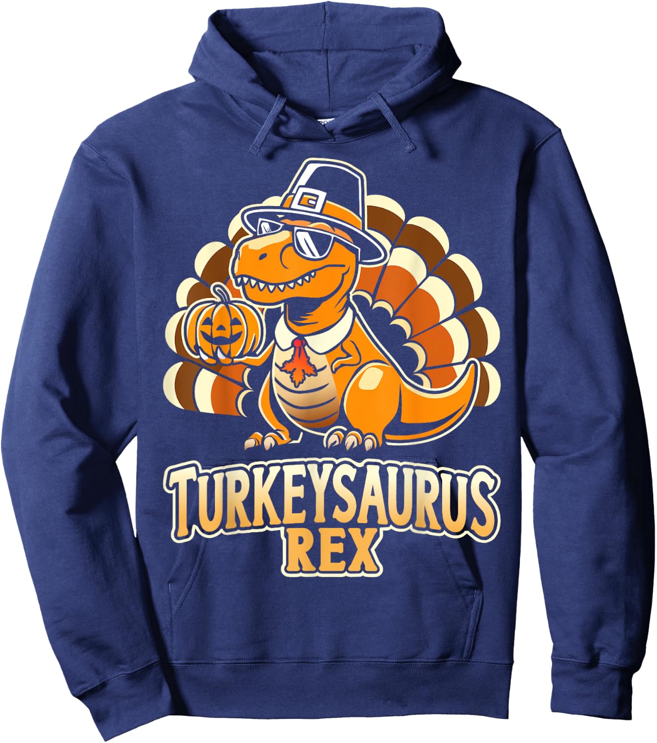 Funny turkeysaurus rex with dinosaur - -Adults, Kids - Black - Short Sleeve - - Cartoon Dinosaur - Thanksgiving Enthusiasts, Humor Lovers Hoodie - Hoodie | Navy