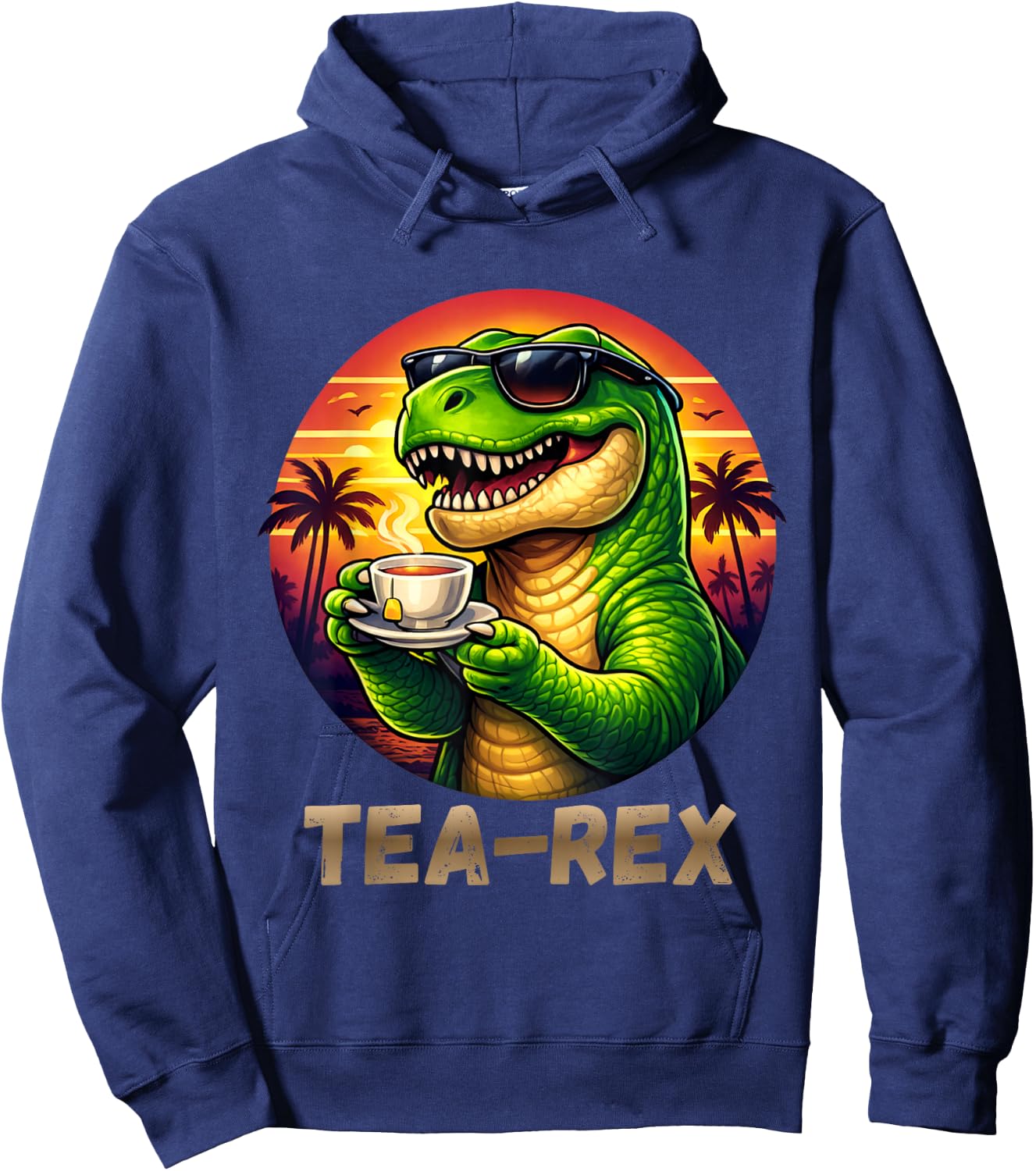 Tea Rex Funny Dinosaur Tropical Sunset Hoodie - Hoodie | Navy