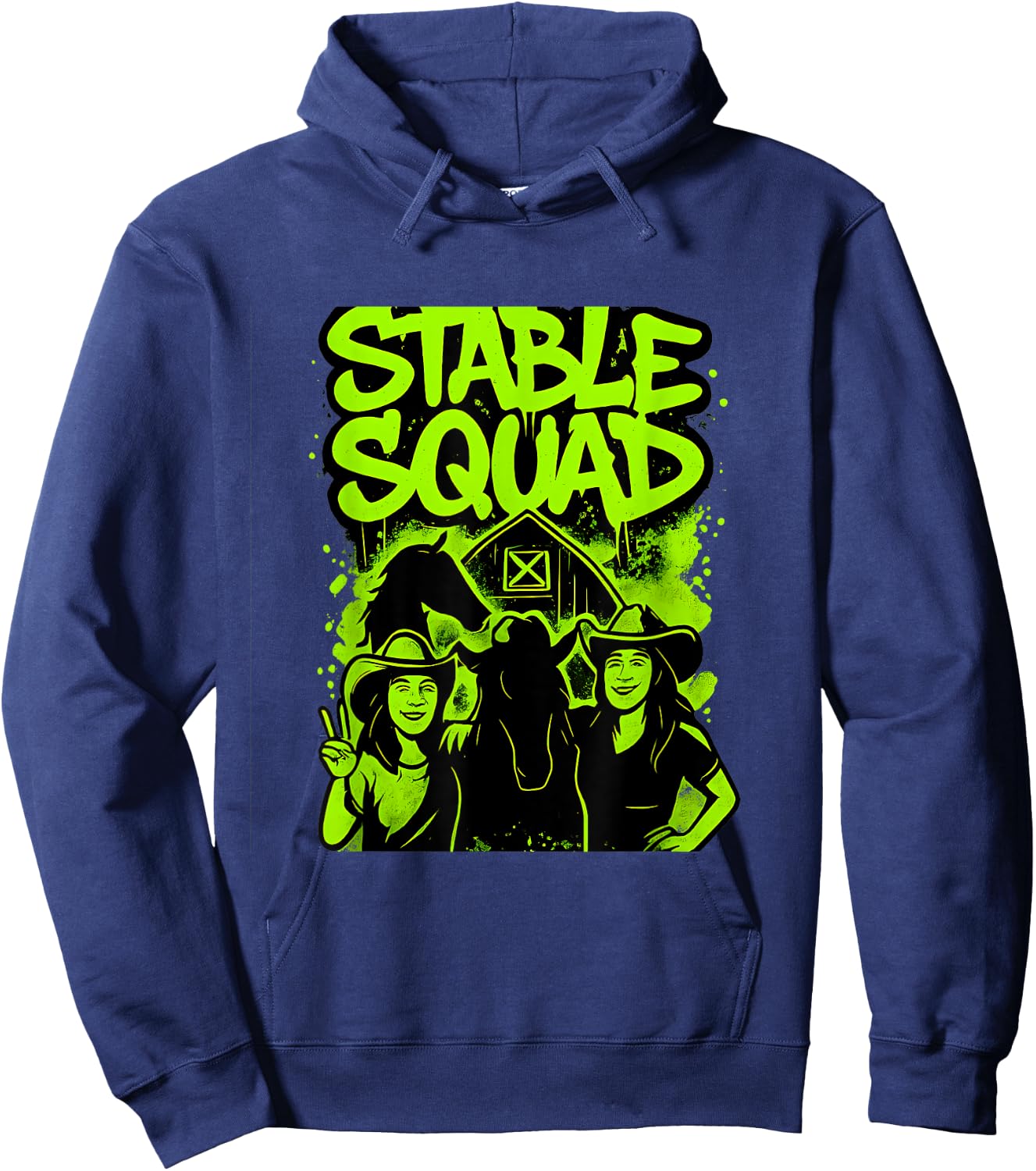 Stable Squad - Neon Green Horse Pattern Hoodie - Hoodie | Navy