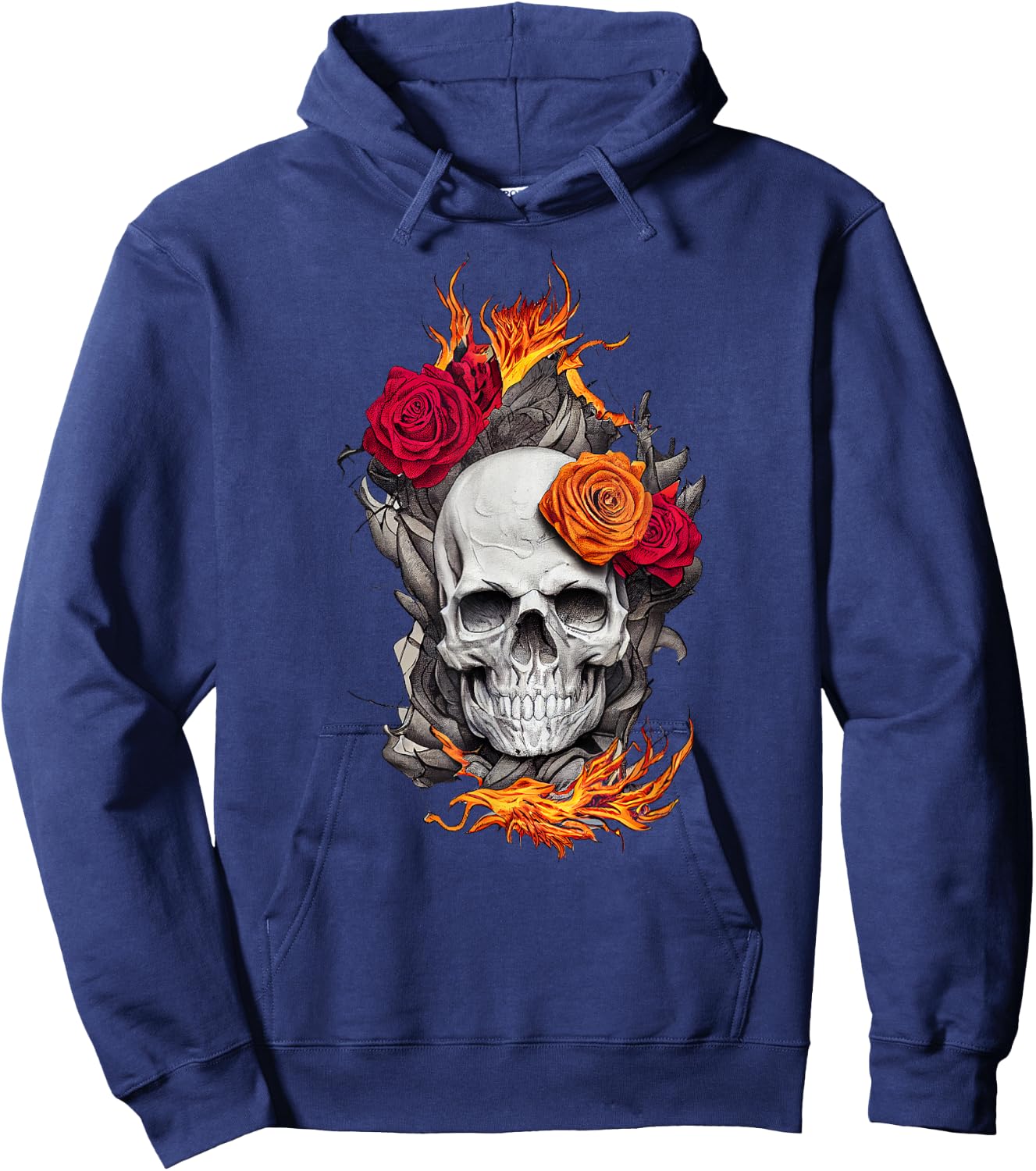 Flaming Skull and Roses Hoodie - Hoodie | Navy