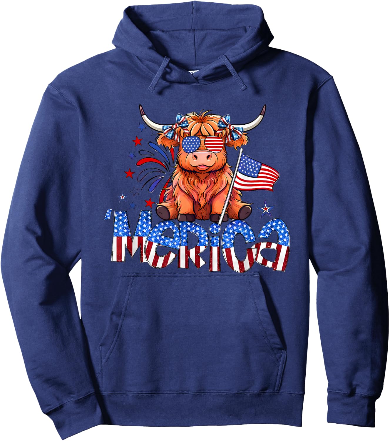 Retro Merica 4th Of July Highland Cow Women Men Hoodie - Hoodie | Navy
