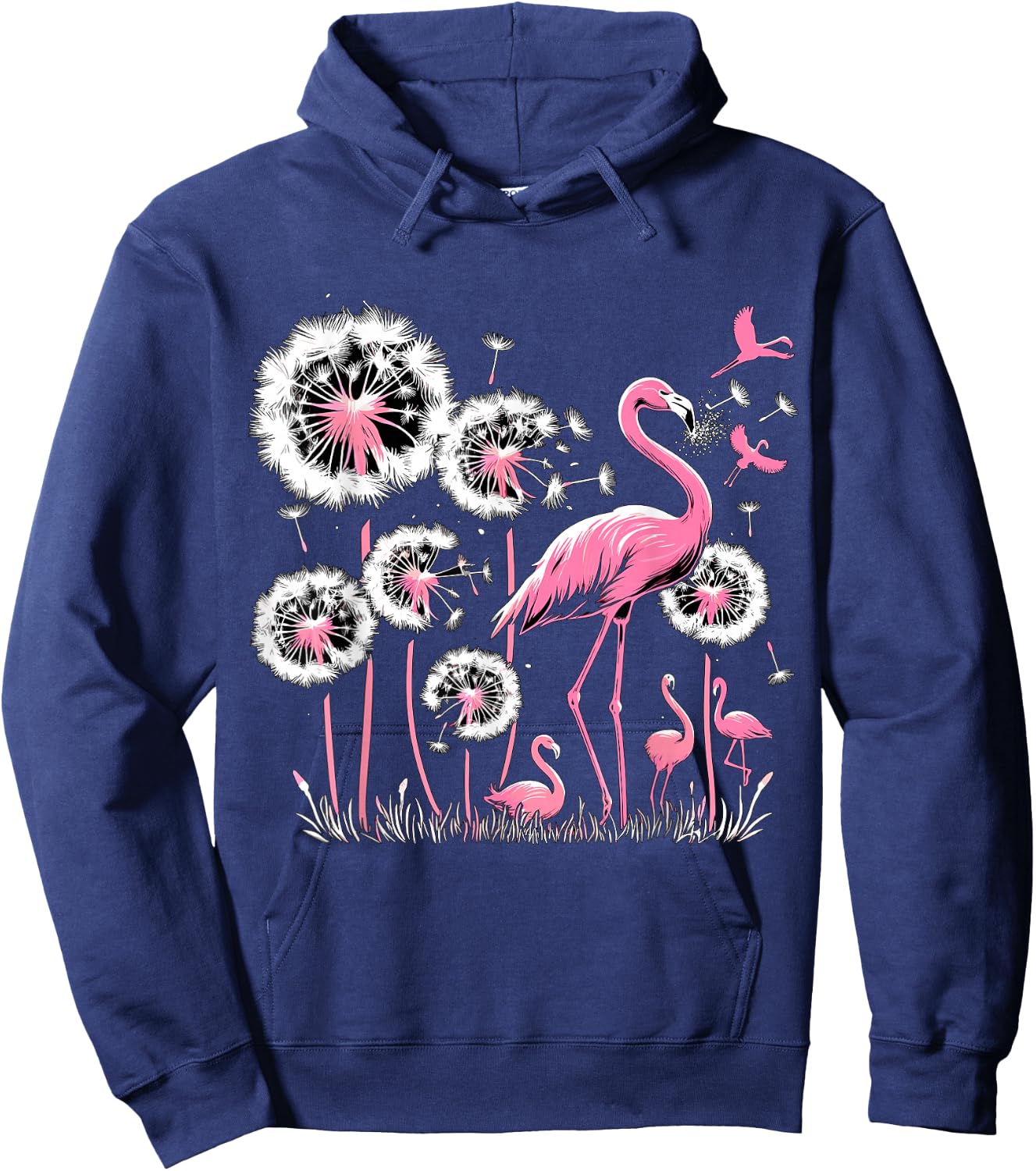 Flamingo and Dandelion Flower , Small, Black Hoodie - Hoodie | Navy