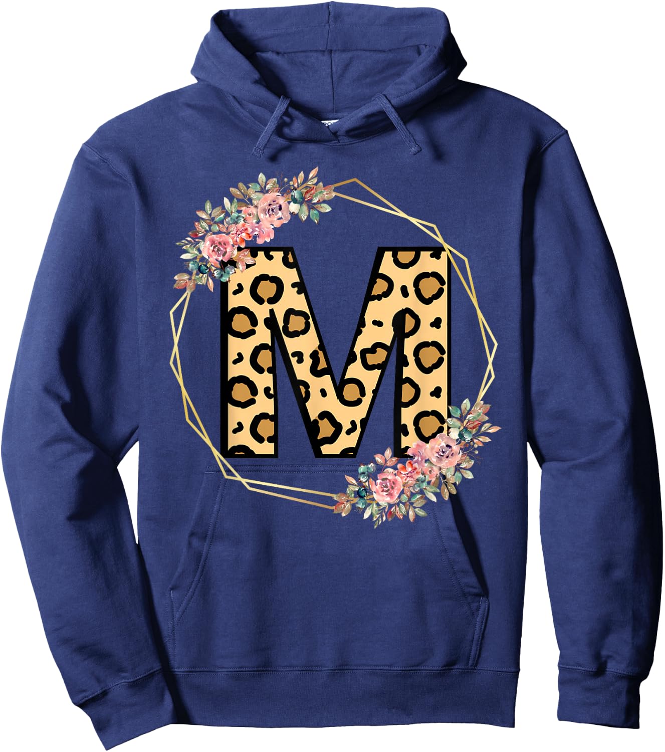 Leopard Letter M Initial Flower Monogram Girls Hoodie - Hoodie | Navy