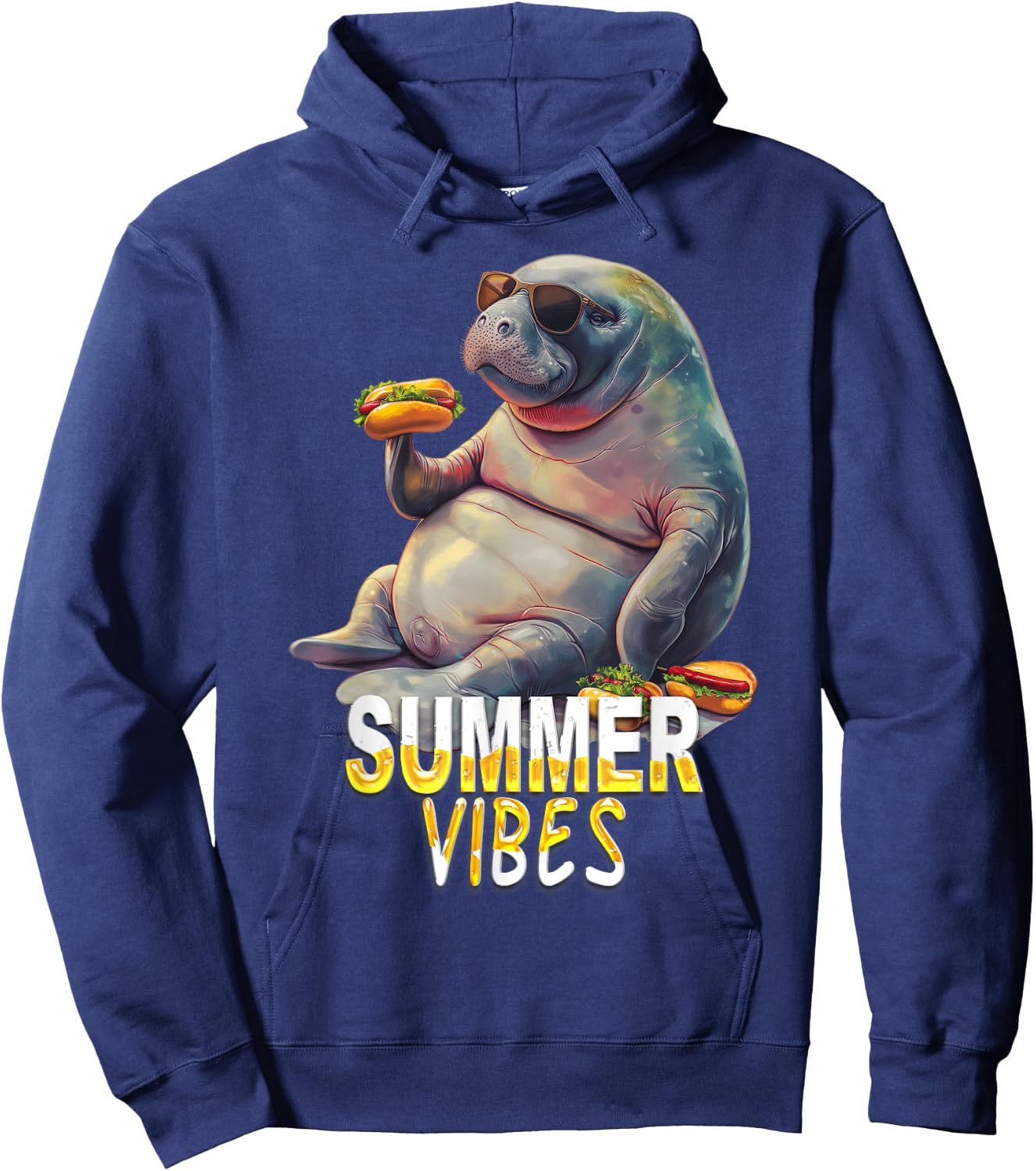 Manatee Eating Hot Dogs - Summer Funny Design Hoodie - Hoodie | Navy