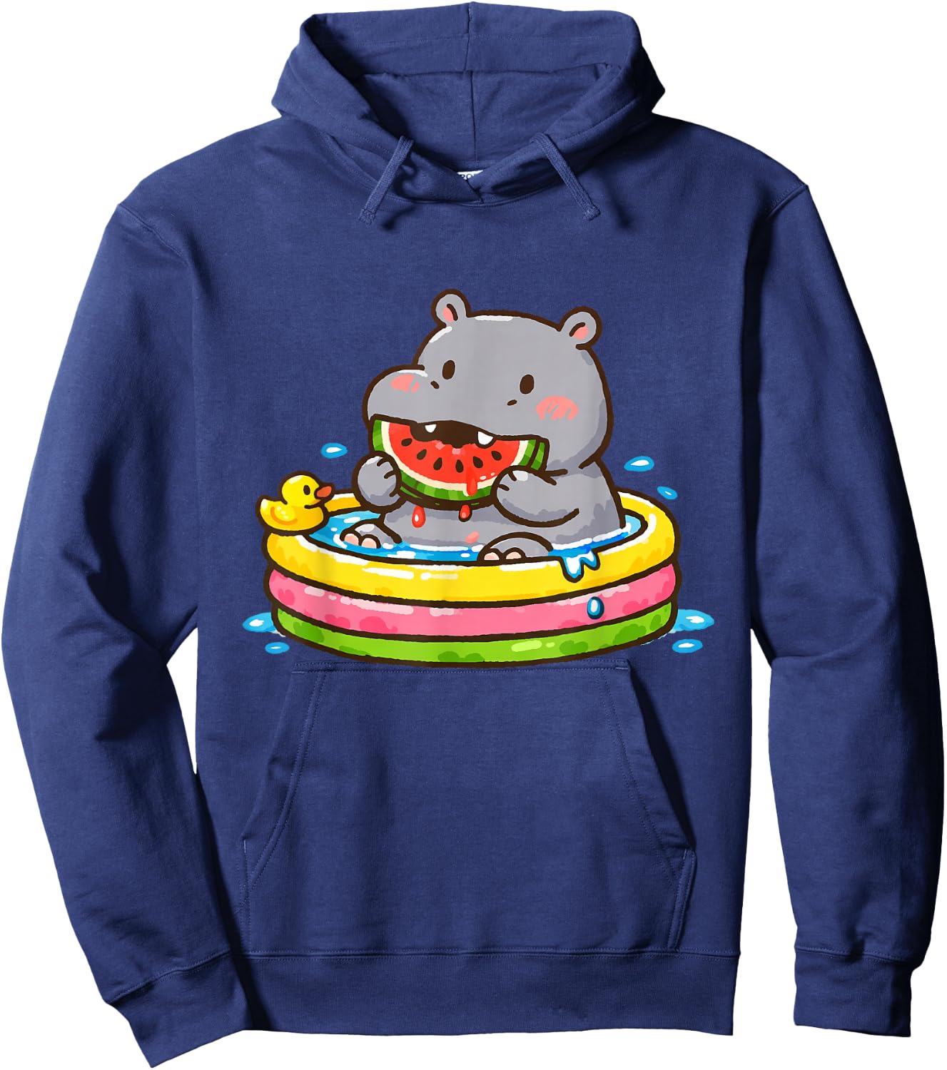 Hippo Eating Watermelon in Pool Funny Cartoon Hoodie - Hoodie | Navy