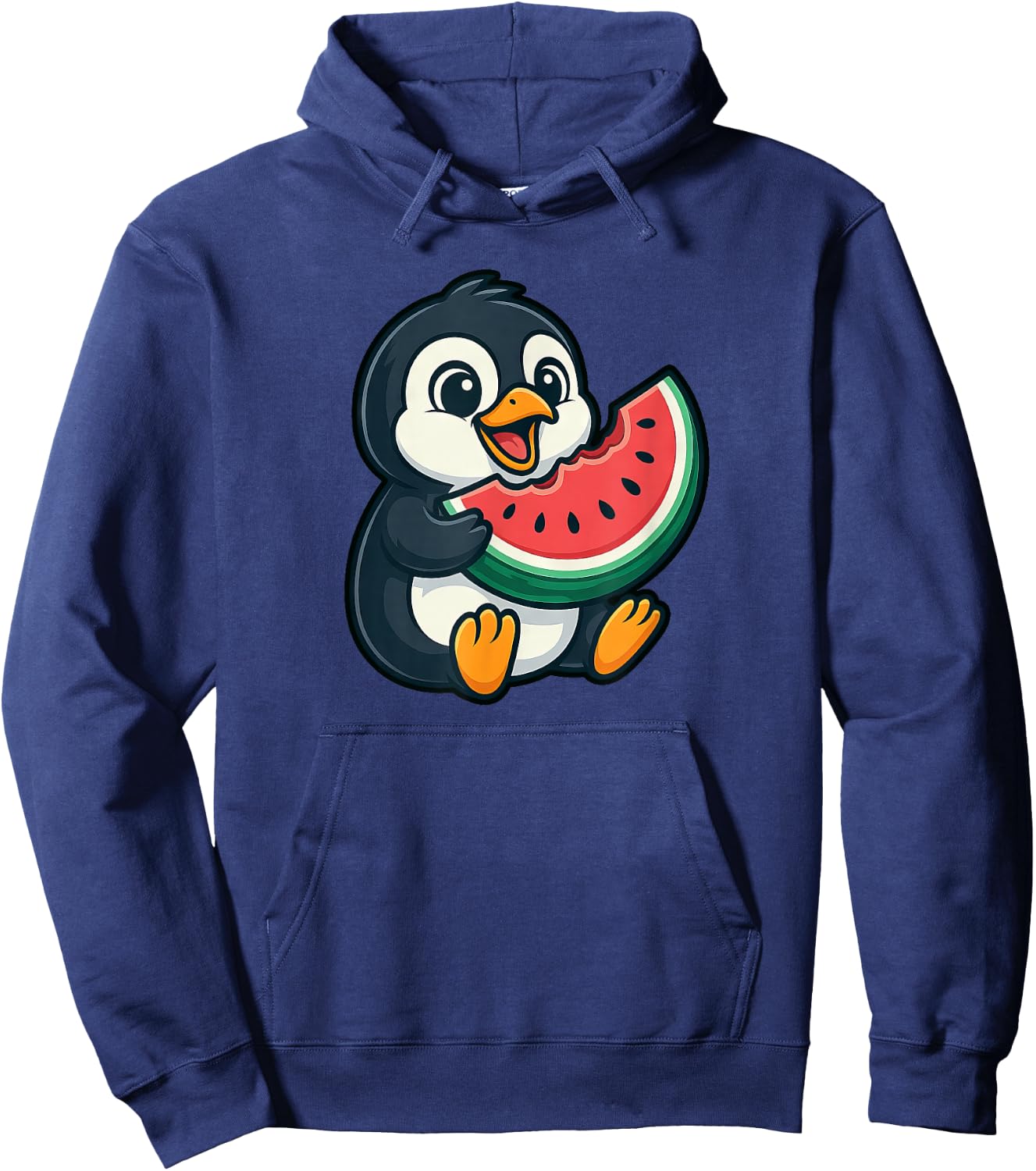 Cute Penguin Eating Watermelon Slice Cartoon Hoodie - Hoodie | Navy