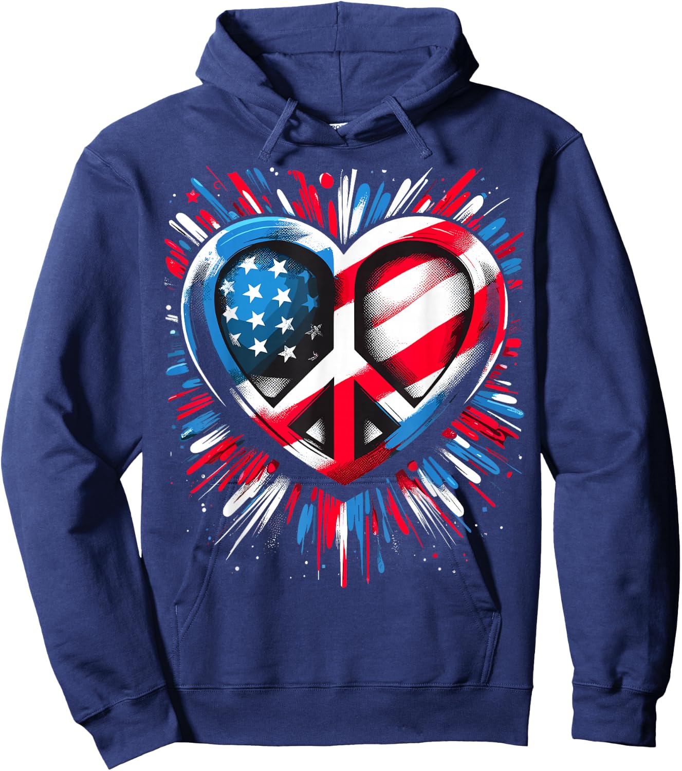 American Flag Peace Sign Heart Hippie Patriotic Hoodie - Hoodie | Navy