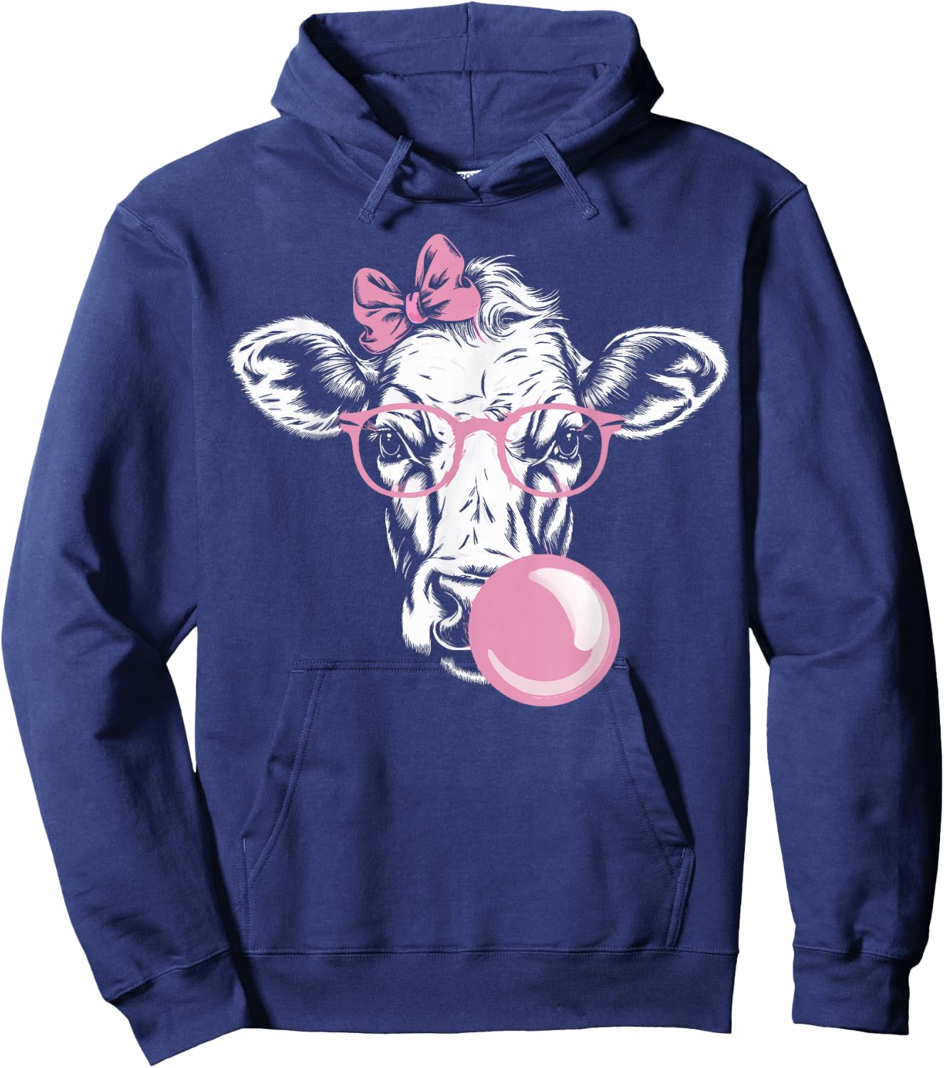 Cow Wearing Glasses and Blowing Pink Bubble Gum Hoodie - Hoodie | Navy