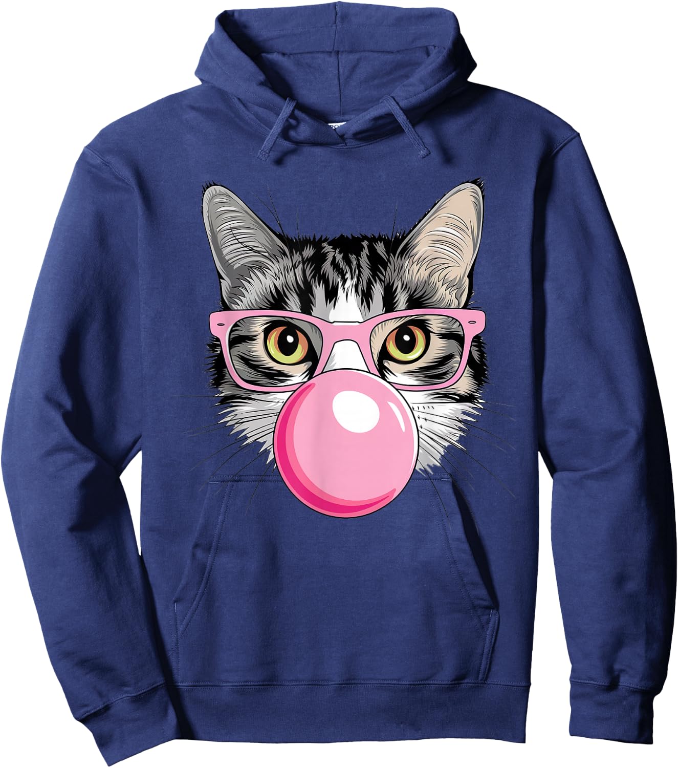 Funny Cat with Glasses Blowing Bubble Gum Hoodie - Hoodie | Navy