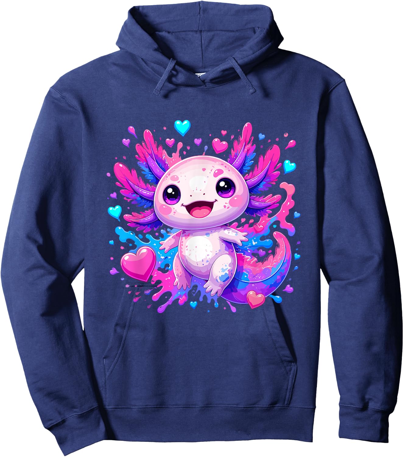Cute Kawaii Axolotl with Colorful Hearts Splash Hoodie - Hoodie | Navy