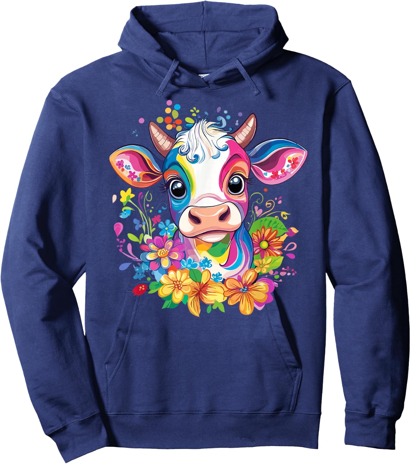 Rainbow Cow Surrounded By Flowers Hoodie - Hoodie | Navy