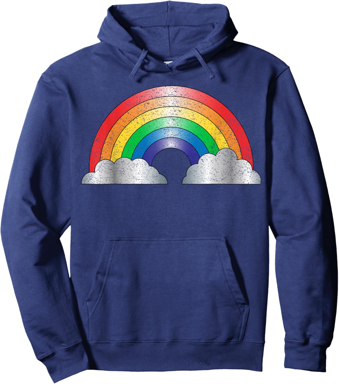 Vintage Rainbow and Clouds , Distressed Design Hoodie - Hoodie | Navy
