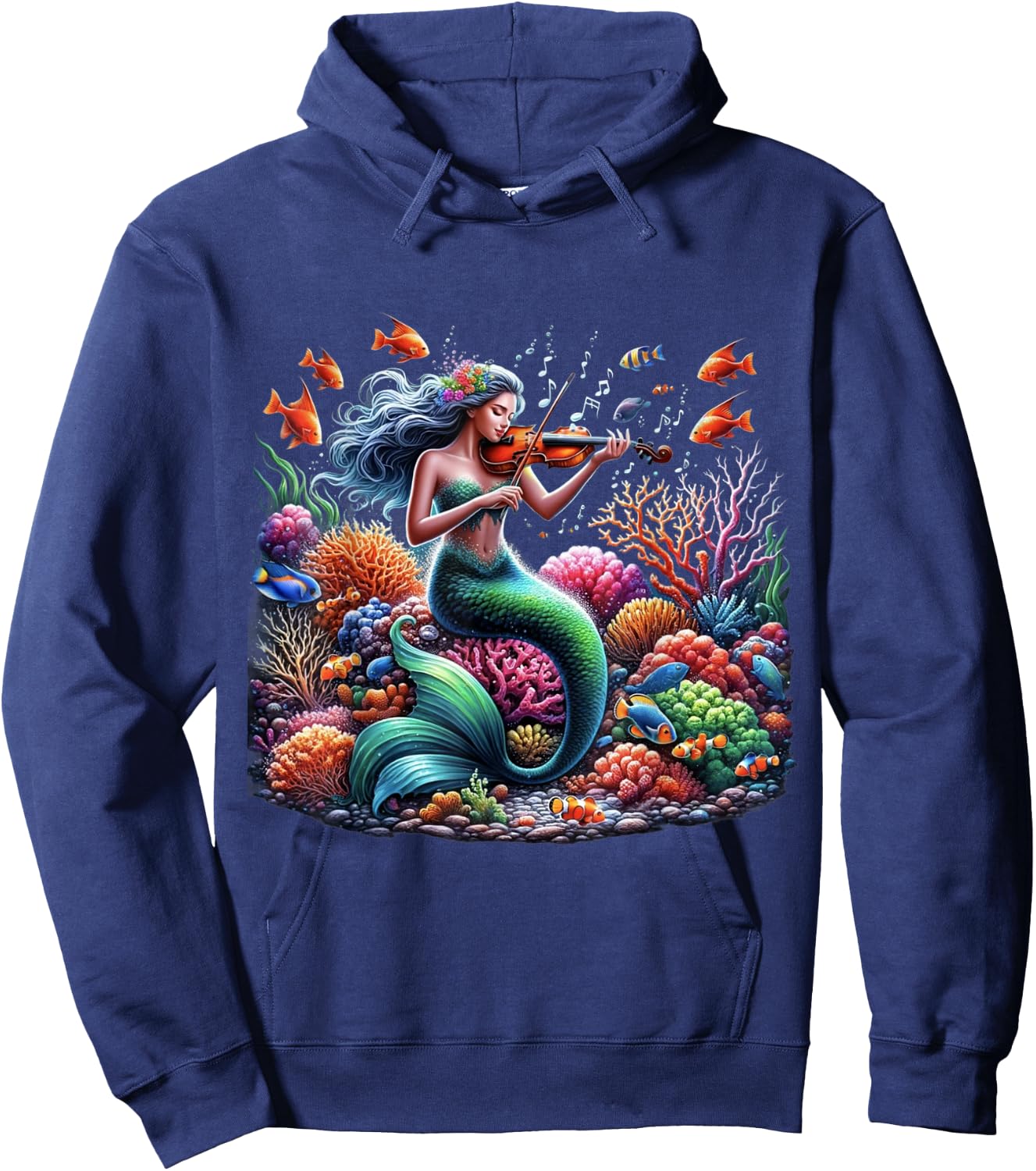 Mermaid With Violin Underwater Music Print Hoodie - Hoodie | Navy