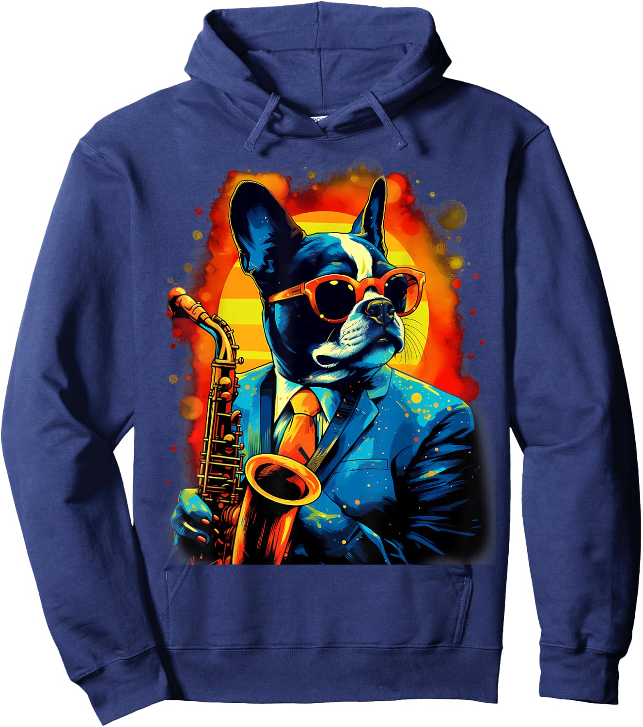 Jazz Musician Boston Terrier Dog Saxophone Hoodie - Hoodie | Navy